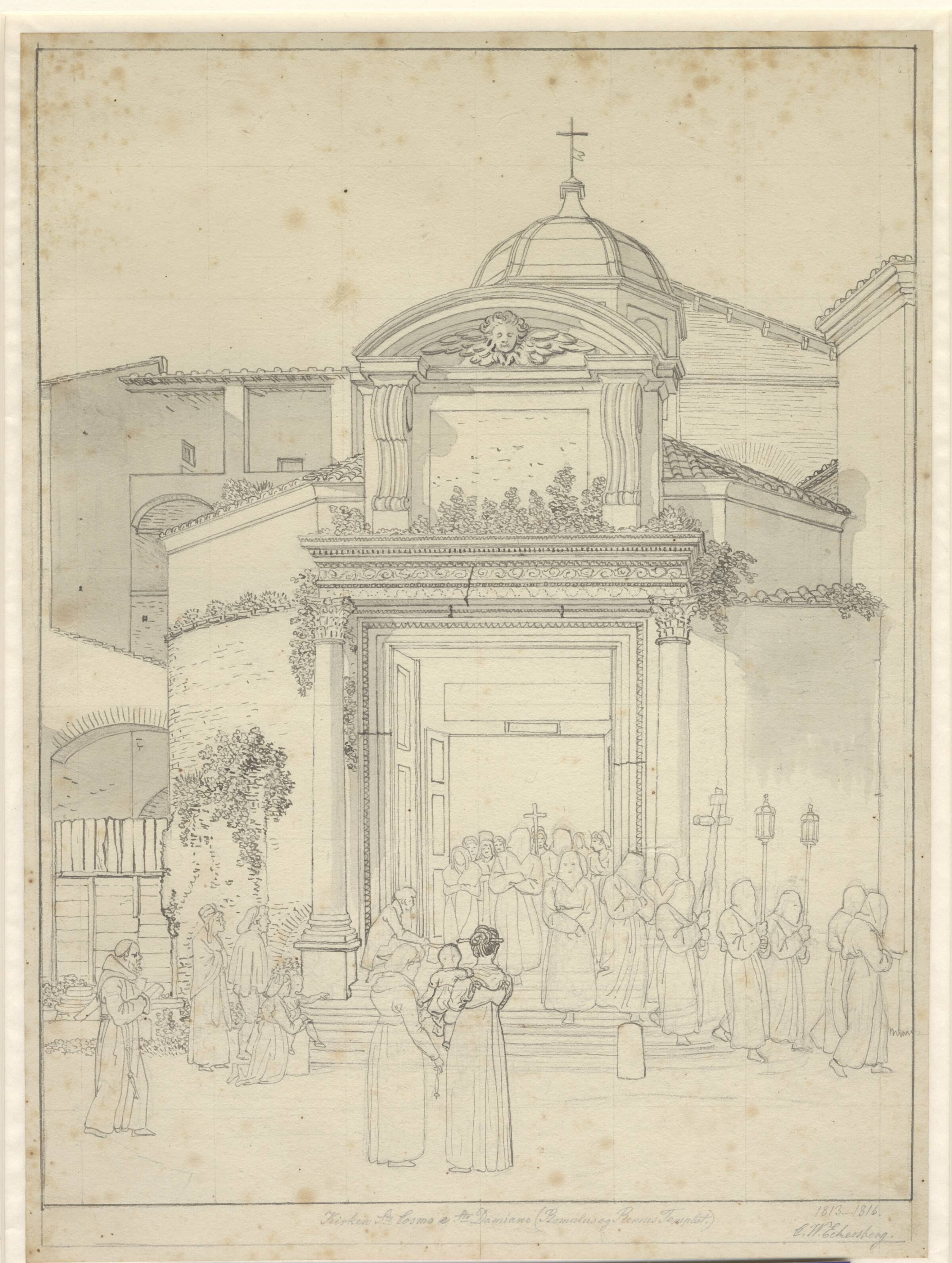 Kirken sta. Cosmos e Sta. Damians (Romolus og Remus Templet) med munke i procesion, der kommer ud af kirkedøren., C.W. Eckersberg, 1783-1853
