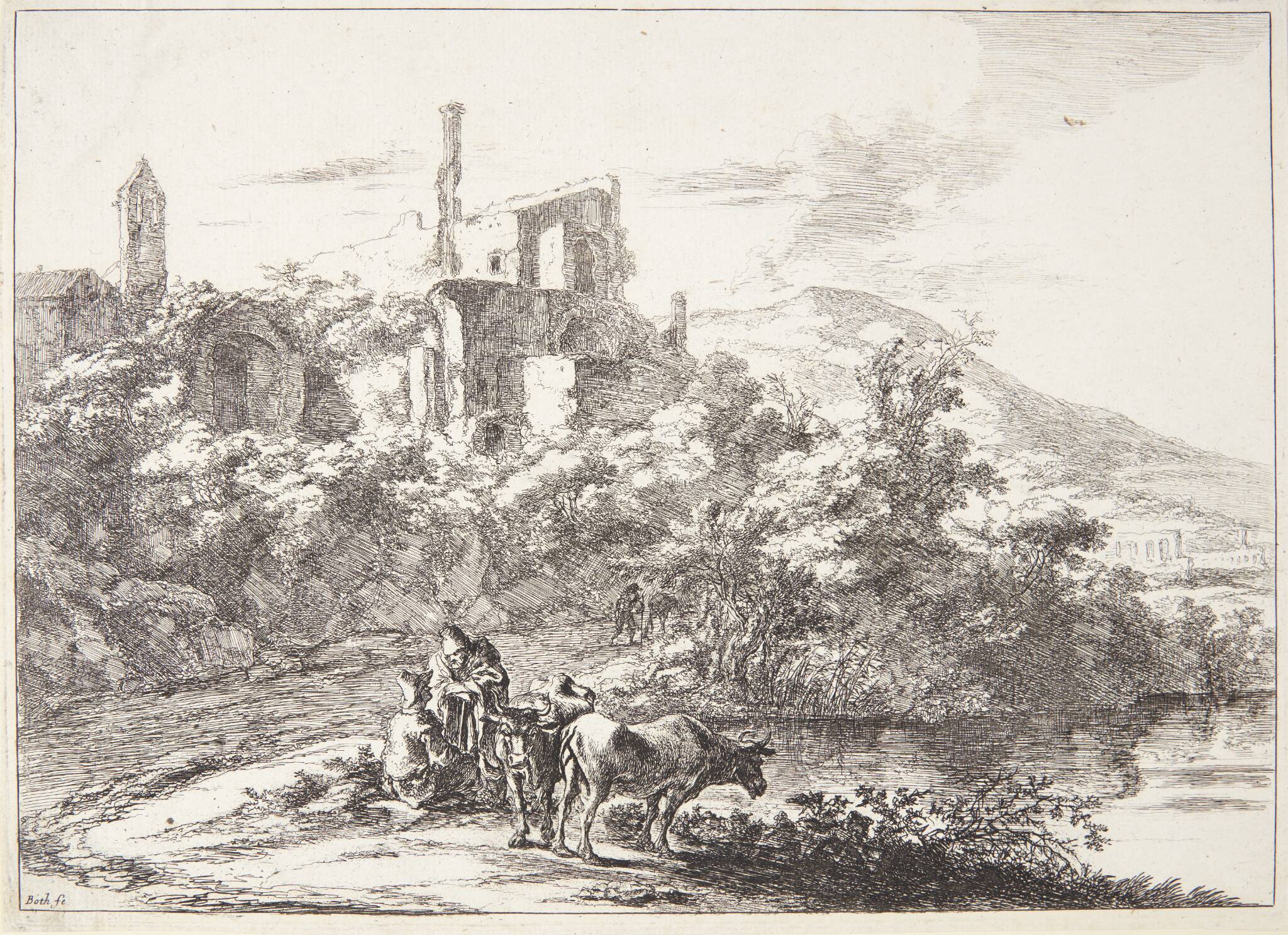 Landskab ved Tivoli, to køer ved flodbredden