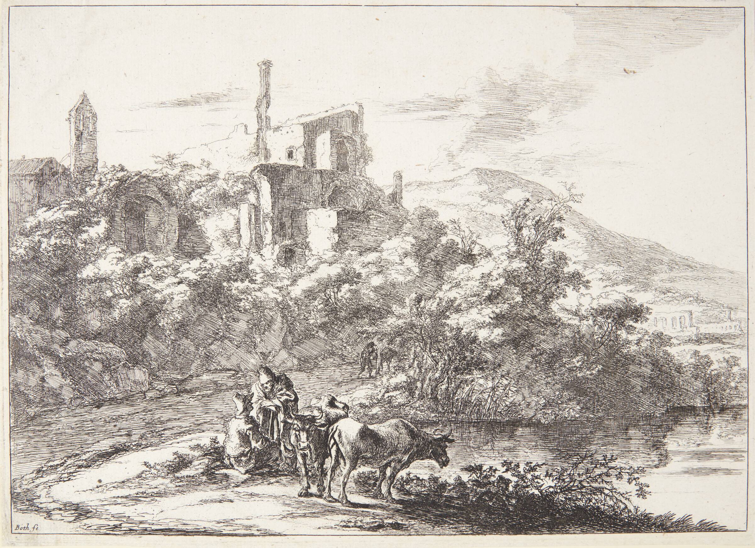 Landskab ved Tivoli, to køer ved flodbredden, Jan Both, 1618-1654