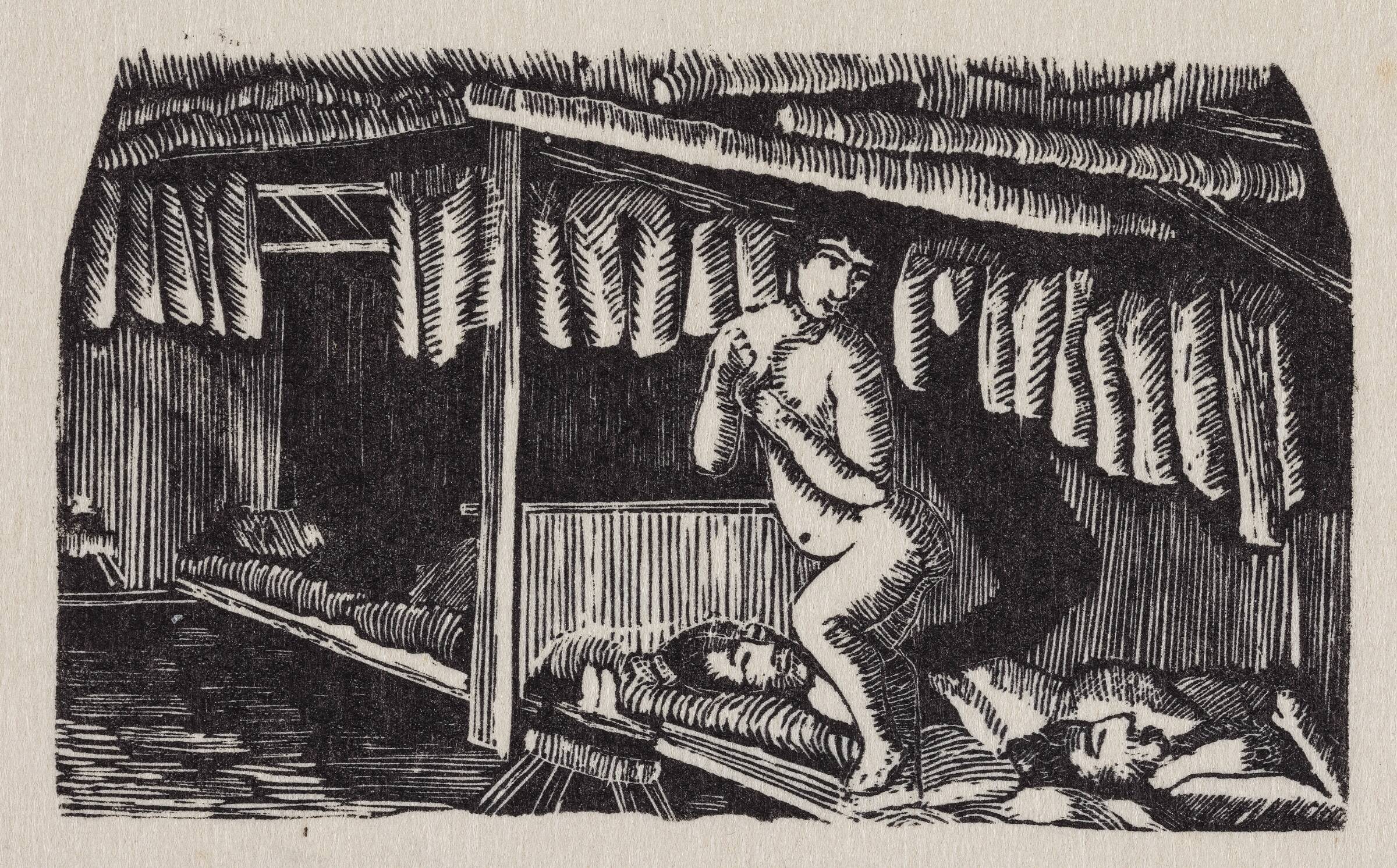 En kvinde sniger sig ud fra sovebriksen i et hus. Sagnmotiv, Rasmus Berthelsen, 1827-1901