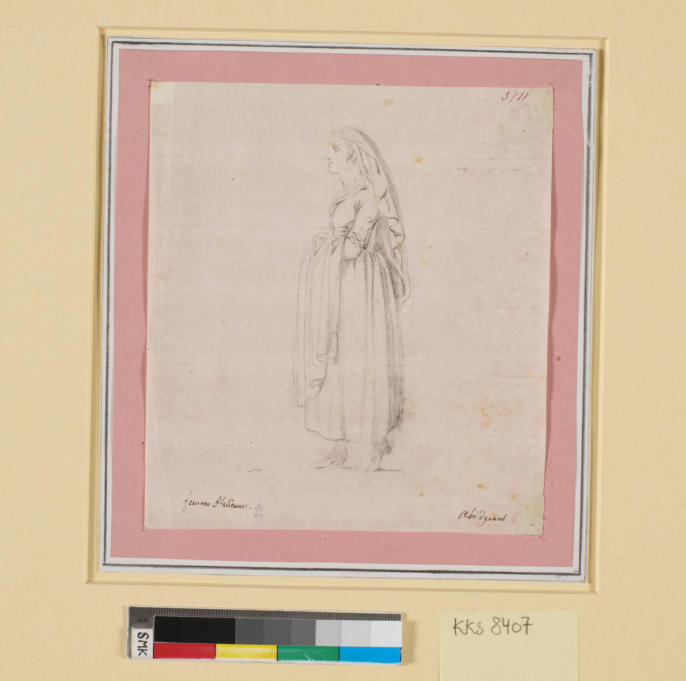 En italiensk kvinde, hel figur, set i profil, Nicolai Abildgaard, 1709-1809