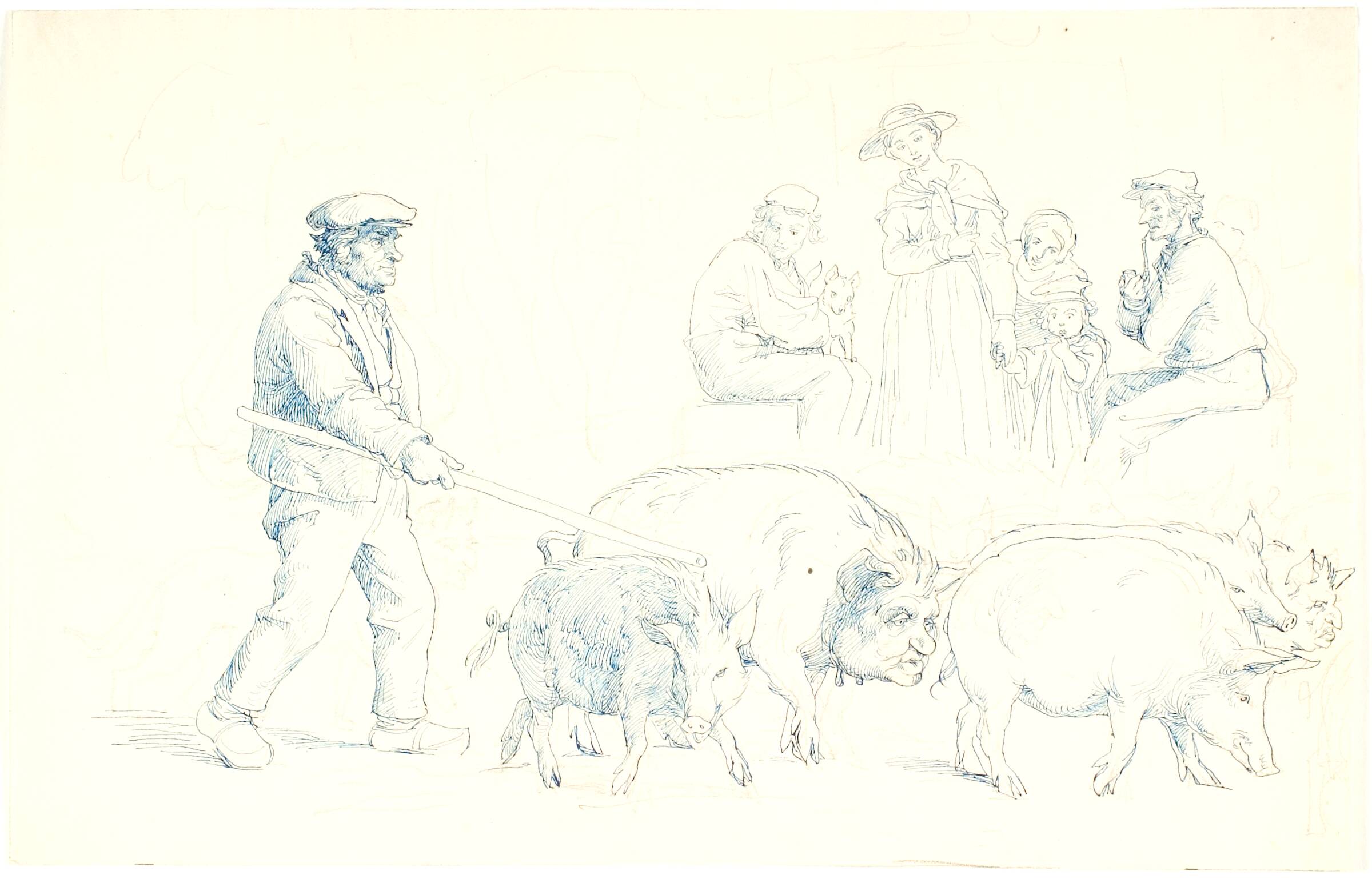 En bonde med en flok svin, delvis med menneskehoveder. I baggrunden menneskehoveder, Lorenz Frølich, 1835-1908
