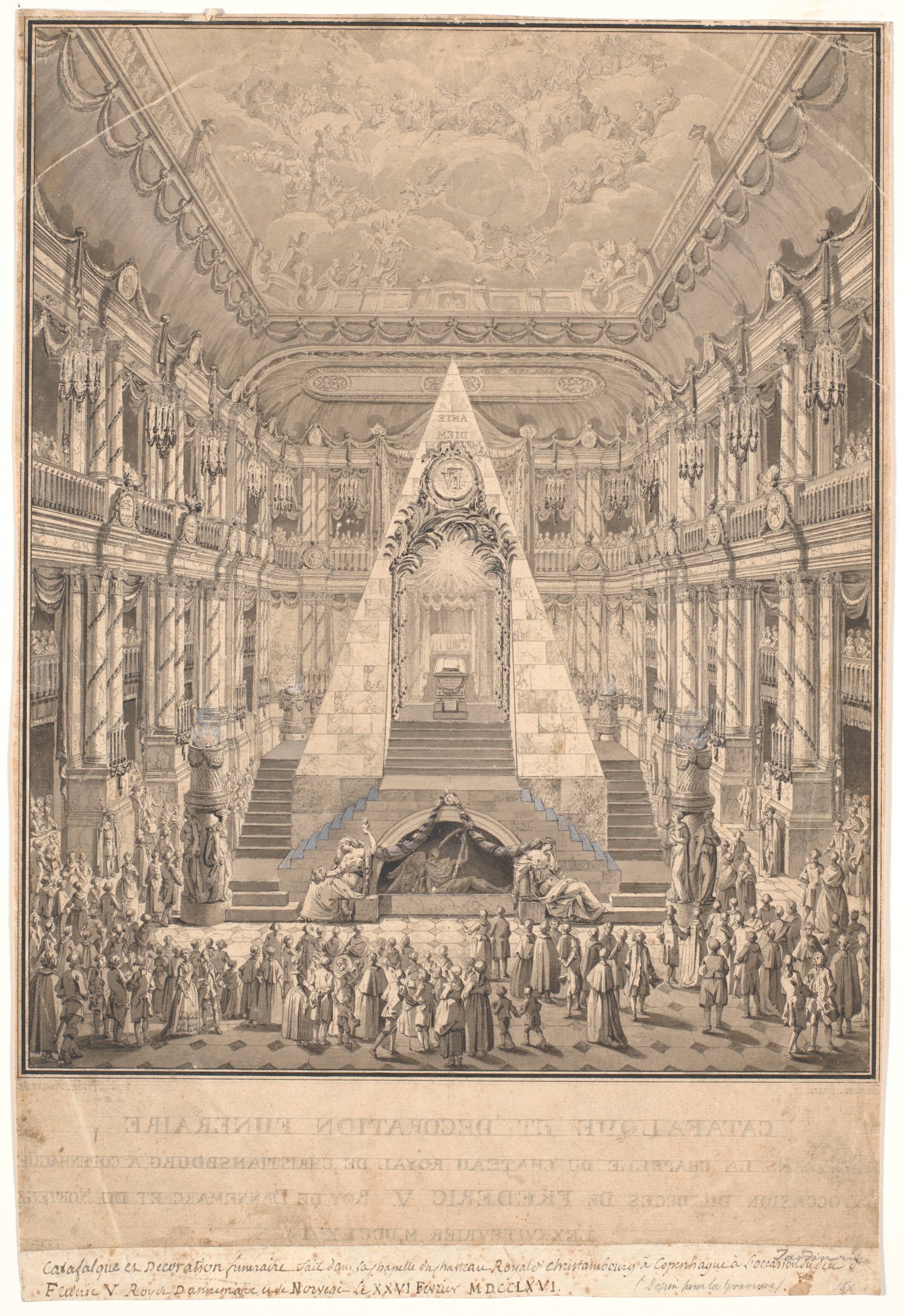 Christiansborg slotskapel med Frederik V.s katafalk, Nicolas-Henri Jardin, 1766