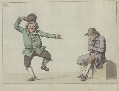 Satirisk blad; en mand hopper og ler, mens han peger på en siddende gammel mand