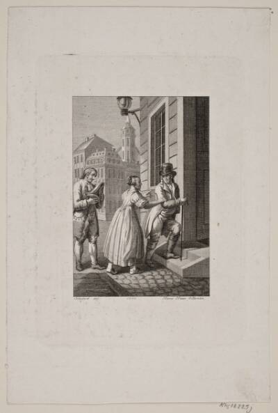 Illustration med kone der standser en herre ved en port mens en tjener ser til