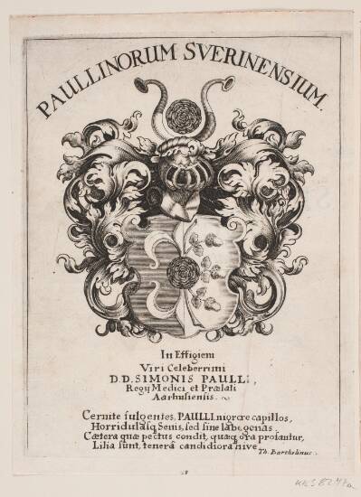 Simon Paullis våbenskjold. Illustration til Simon Paulli, "Quadripartitum Botanicum", 1667