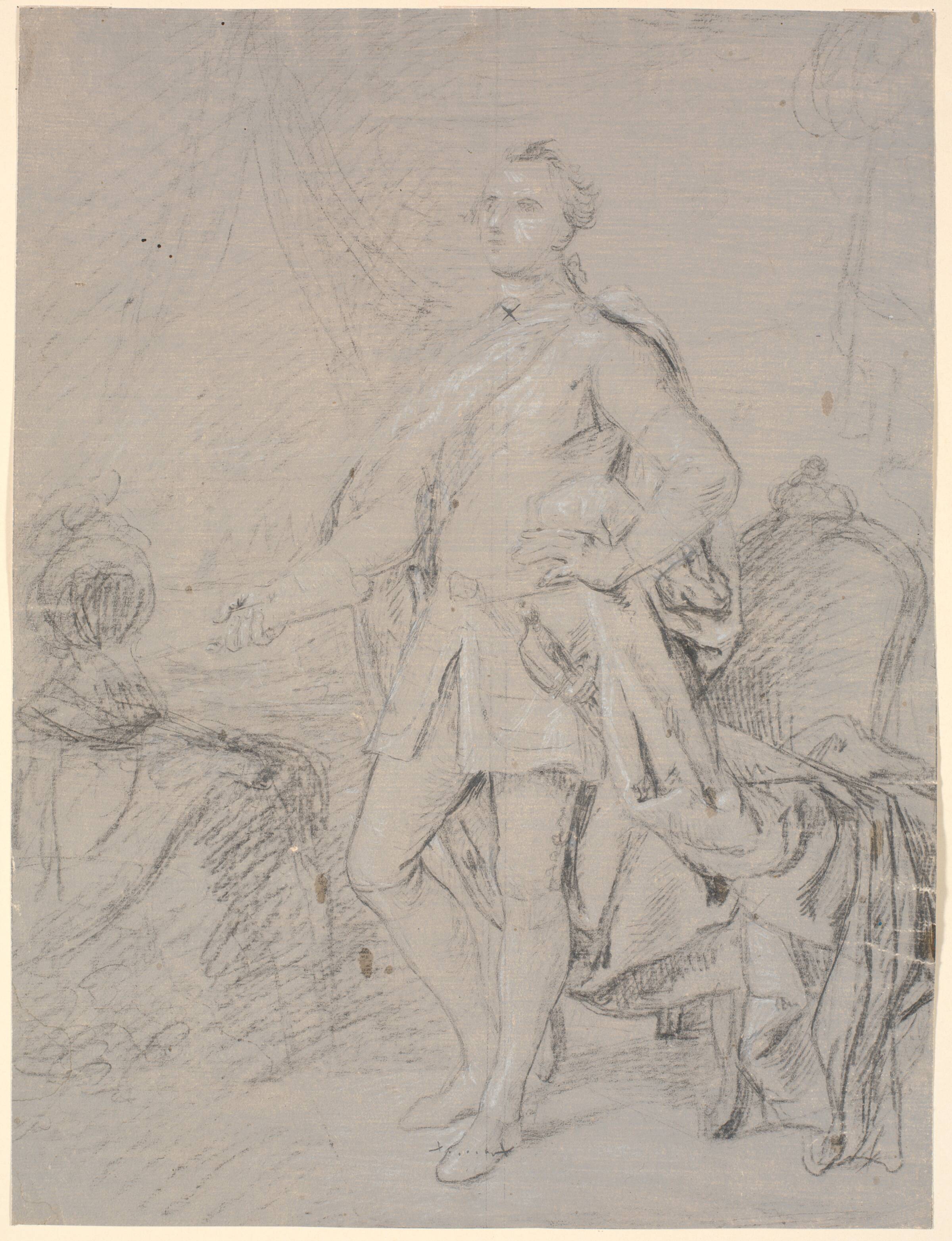 Udkast til portræt i helfigur. Forarbejde til Chr. VI.s familiebillede (Rosenborg)? Frederik d. V. som kronprins, Marcus Tuscher, 1742-1745