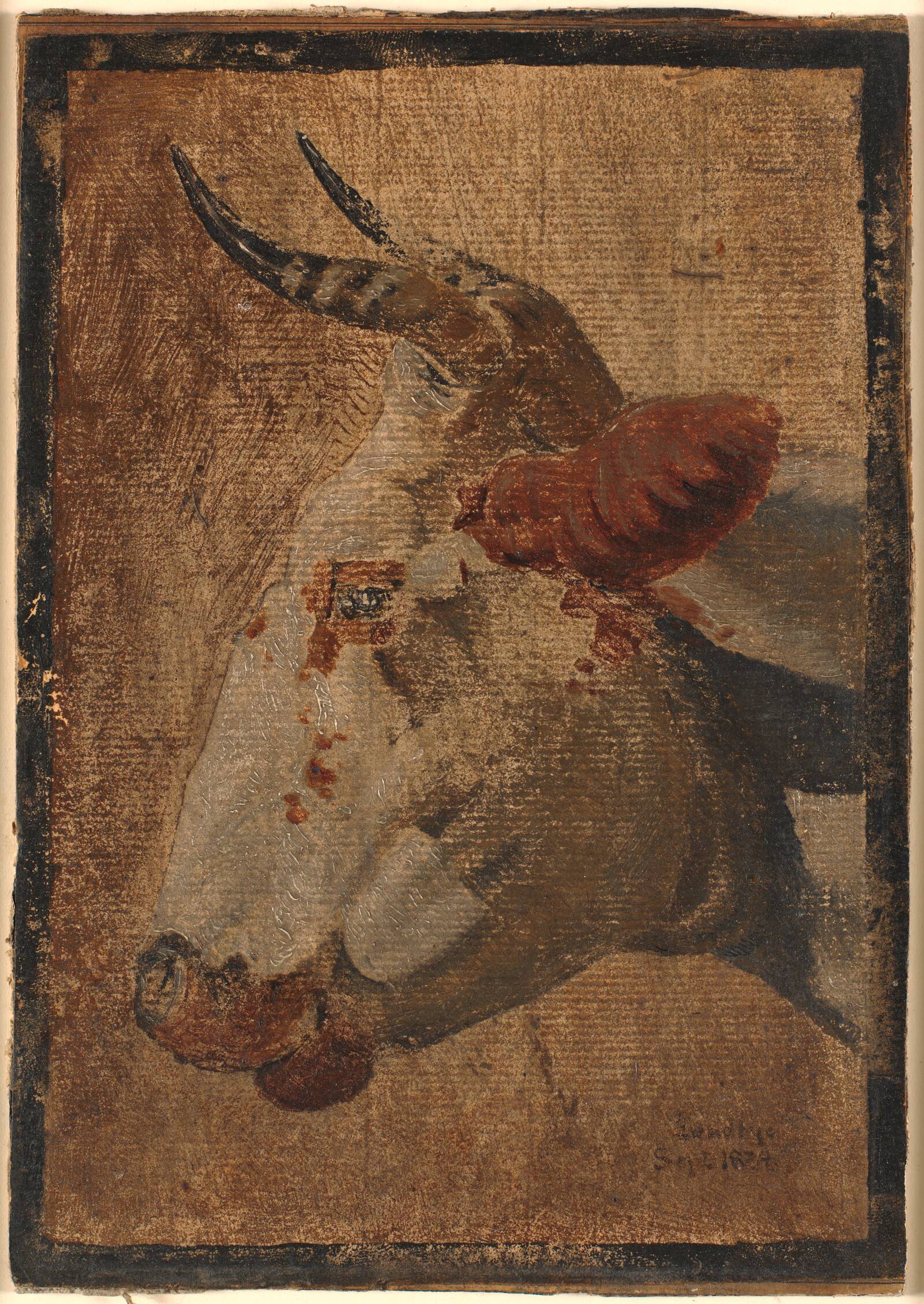Hoved af en hvidbroget ko, profil mod venstre, Johan Thomas Lundbye, 1834