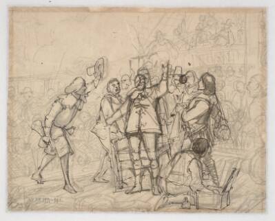 Udkast til maleri i Chr. IVs kapel i Roskilde "Chr. IV på Trefoldigheden" (1864-66)