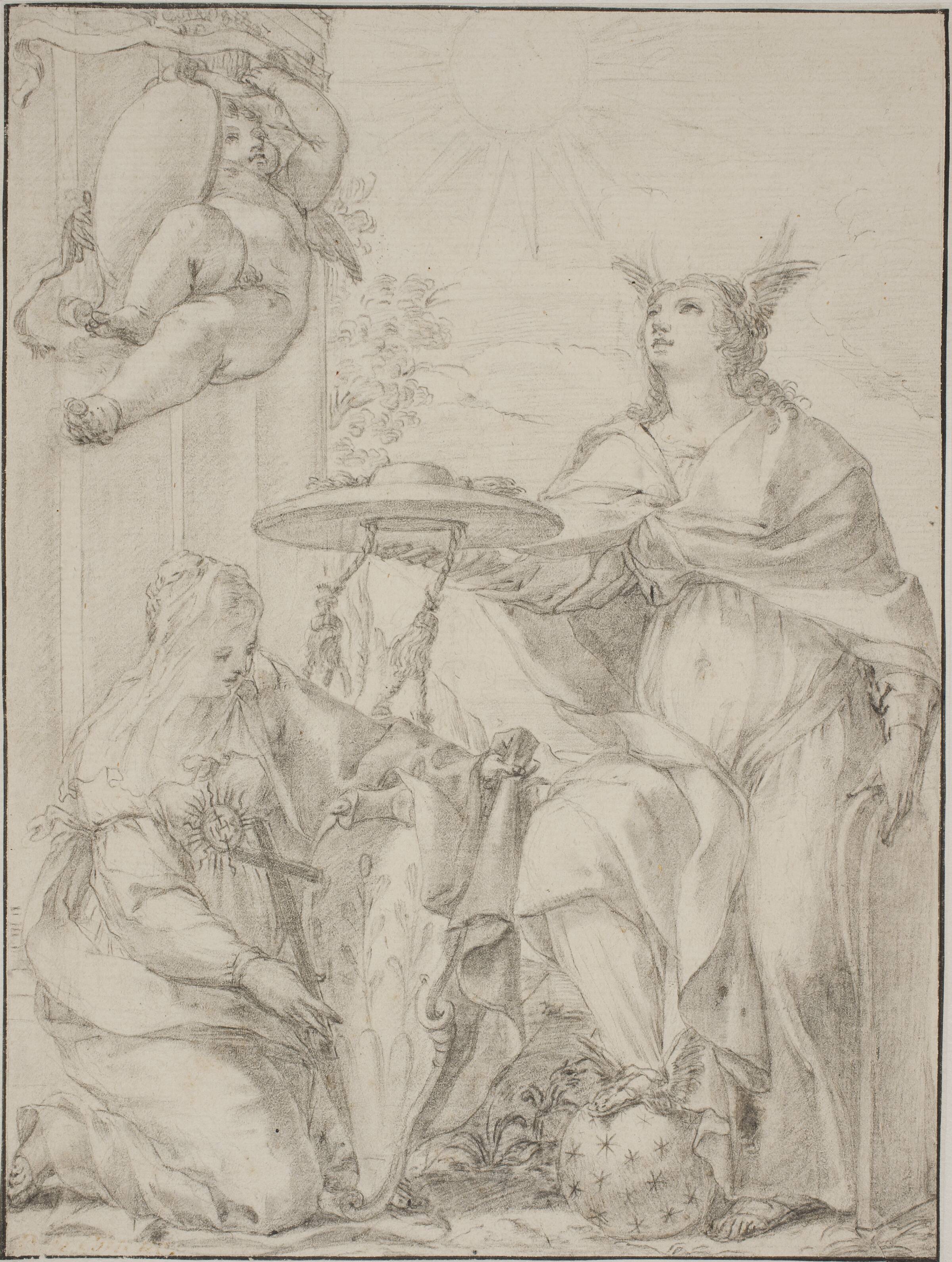 Allegori med to kvindefigurer, den ene med et våbenskjold, repræsenterende troen, Giovanni Odazzi, 1663-1731