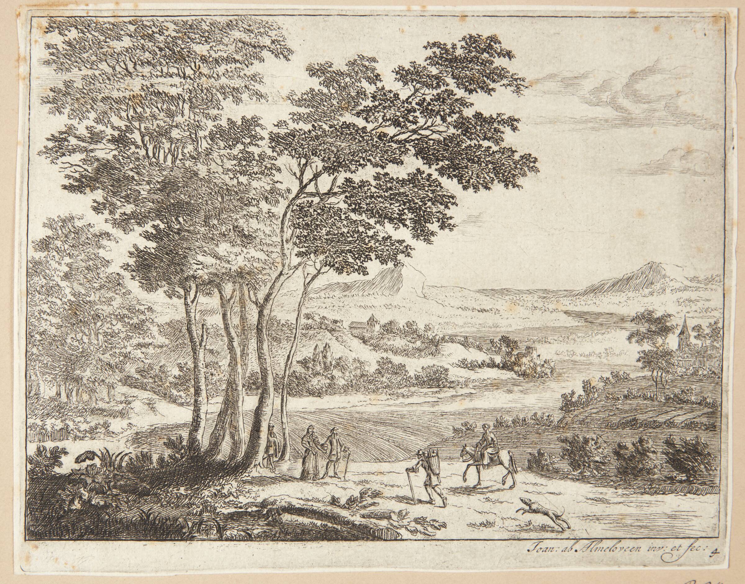 Landskab med vejfarende, i forgrunden en løbende hund, Jan van Almeloveen, 1652-1683