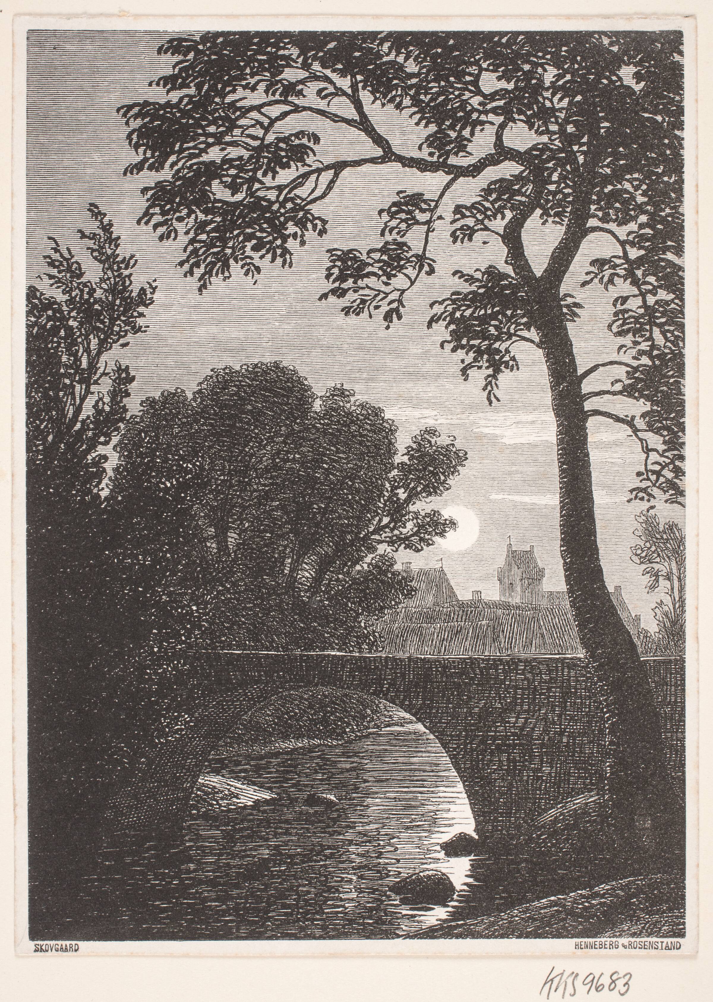 Udsigt over en bro til en by i måneskin, Johan Frederik Rosenstand, 1860
