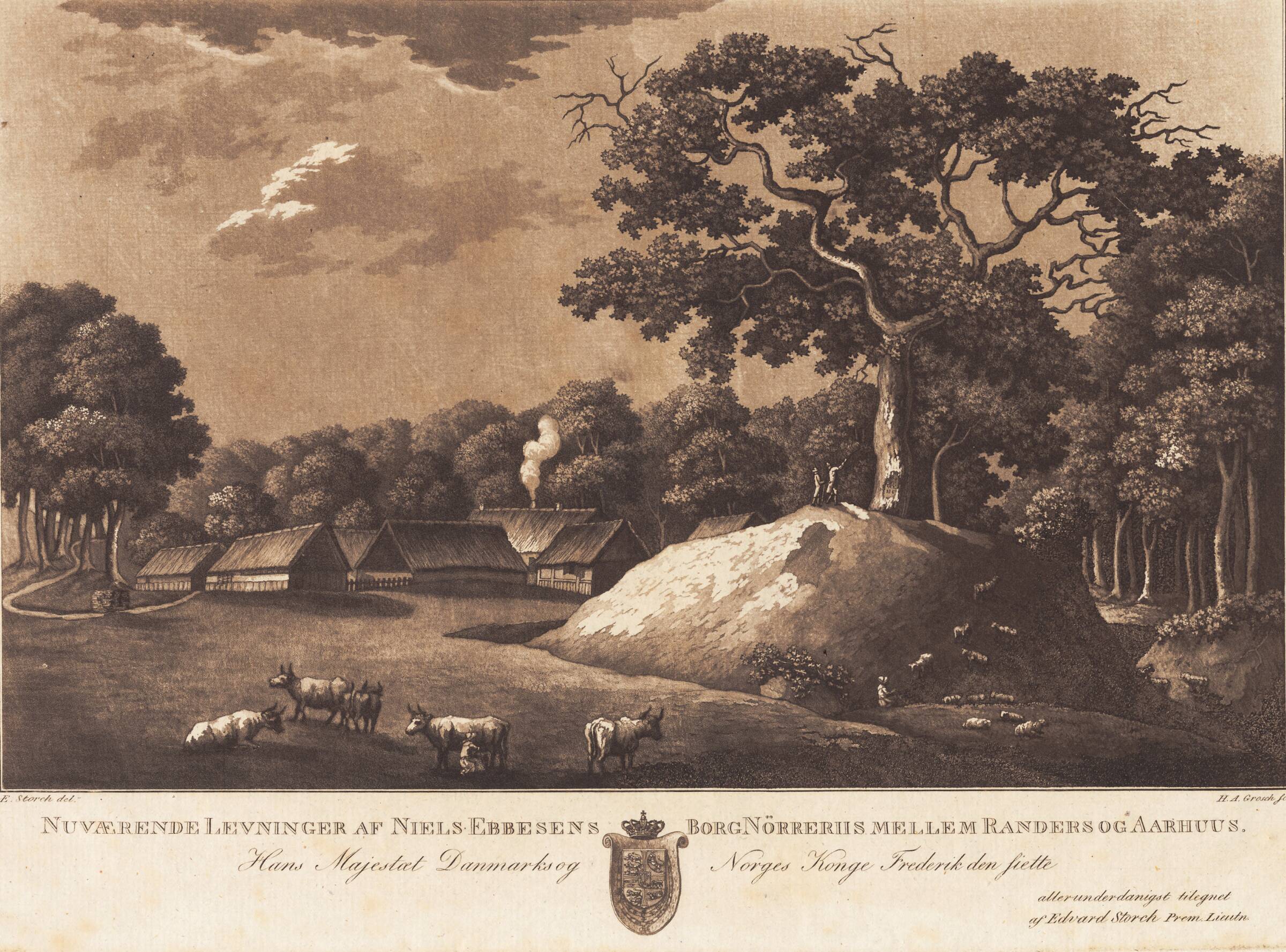 Nuværende levninger af Niels Ebbesens borg Nørreriis. E Storch del., Heinrich Grosch, 1810-1910