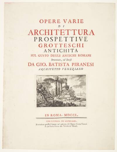 Diverse arkitektoniske værker, perspektiver, grotesker og antiker, tegnet og raderet af Giambattista Piranesi, venetiansk arkitekt. Titelblad