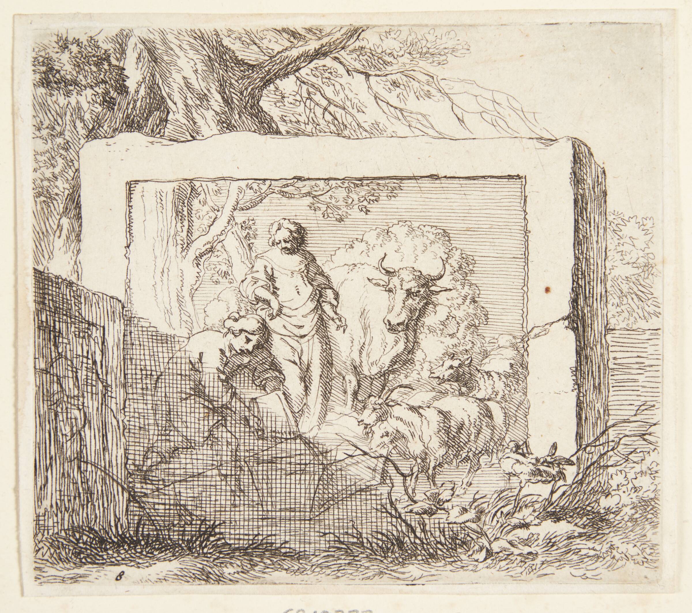 Stenblok med et basrelief forestillende en hyrde, der hælder vand i et trug, Nicolaes Berchem, 1620-1683