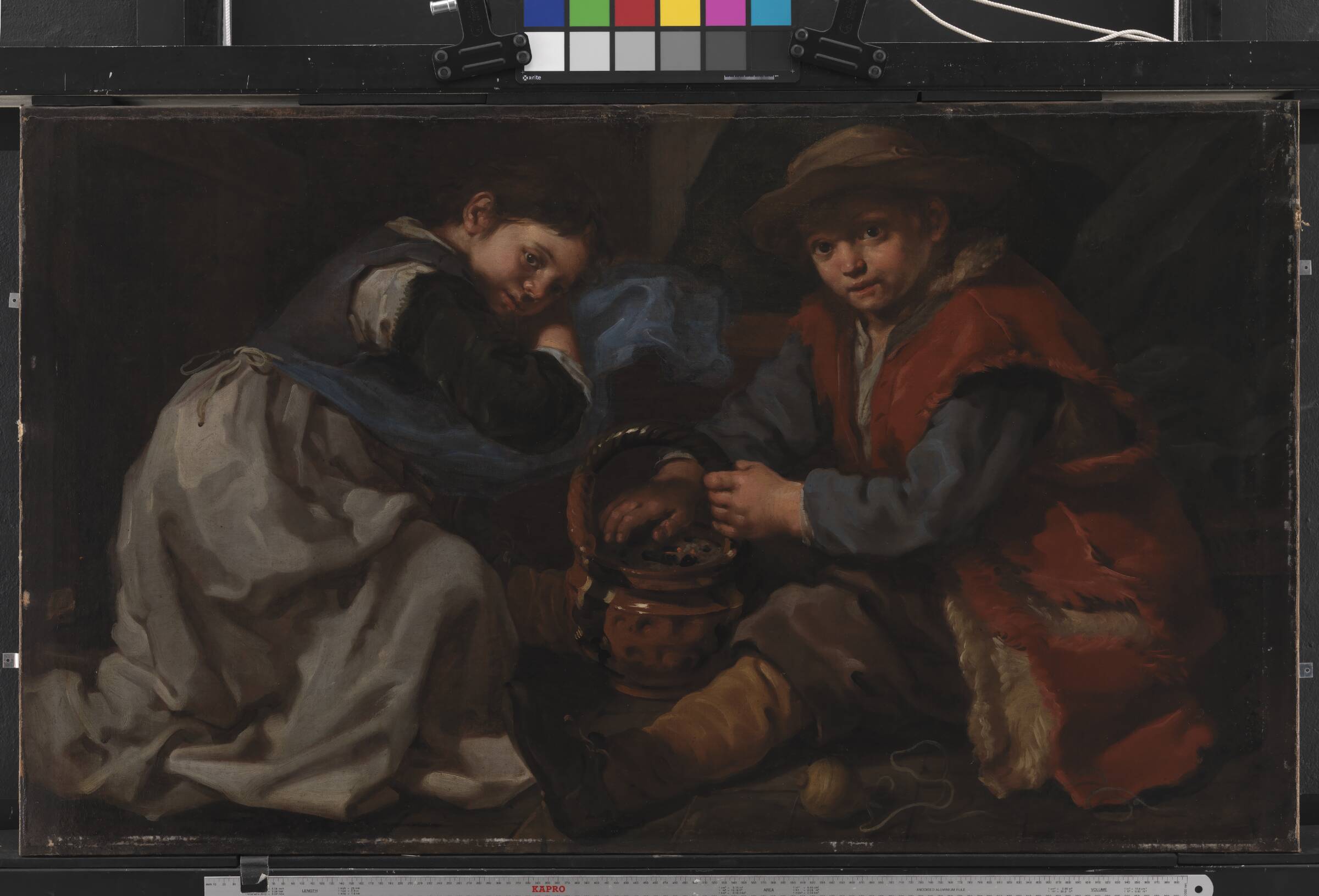 En pige og en dreng, der varmer sig ved et kulbækken, Bernardo Eberhart Keilhau, 1655-1660