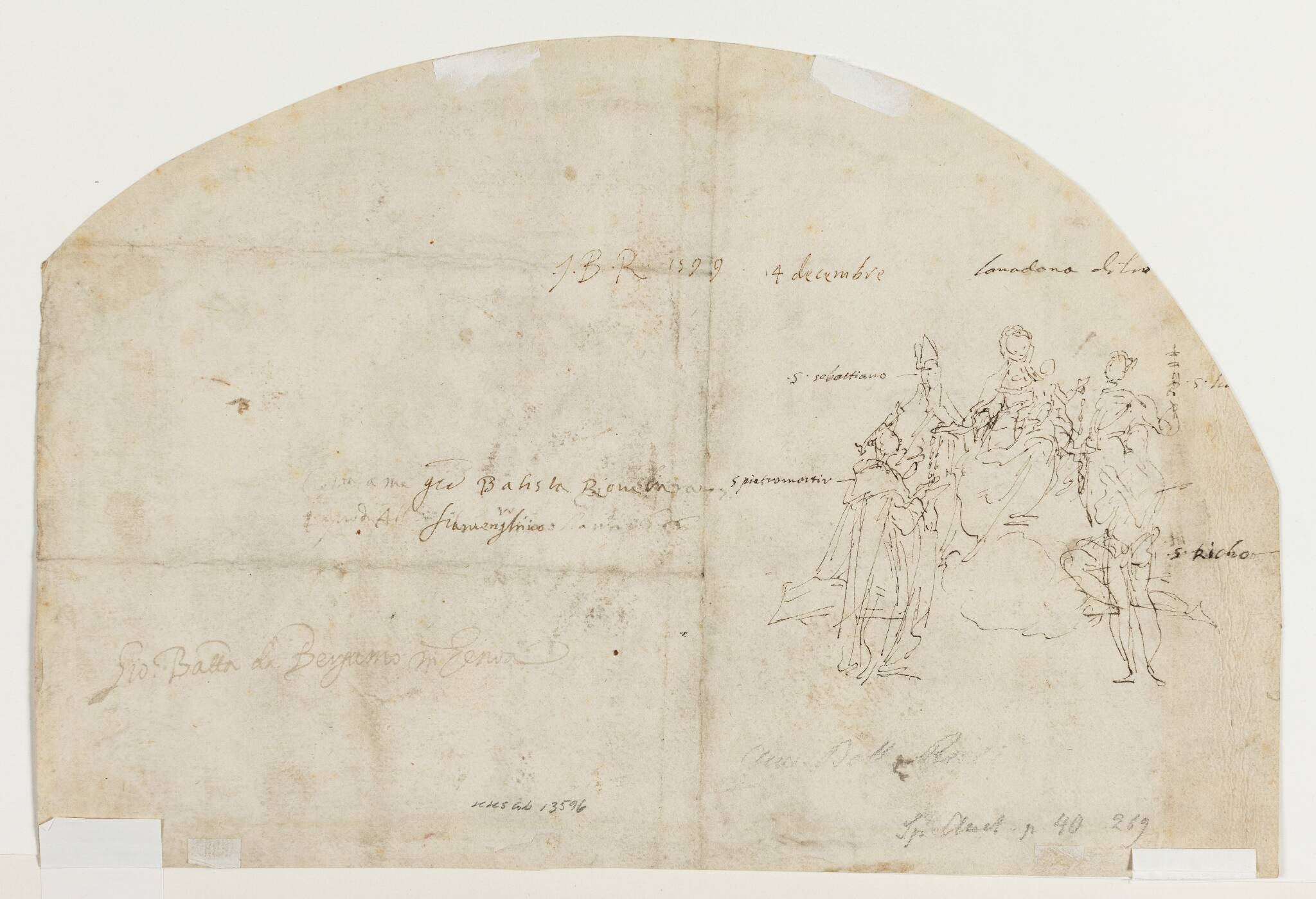 T.h. en sacra conversazione med Hl.Petrus Martyr, Hl.Sebastian, Hl.Lucia og Hl.Roccus omkring Maria med Jesusbarnet. Helgenerne identificeret med kunstnerens egenhændige påskrift
