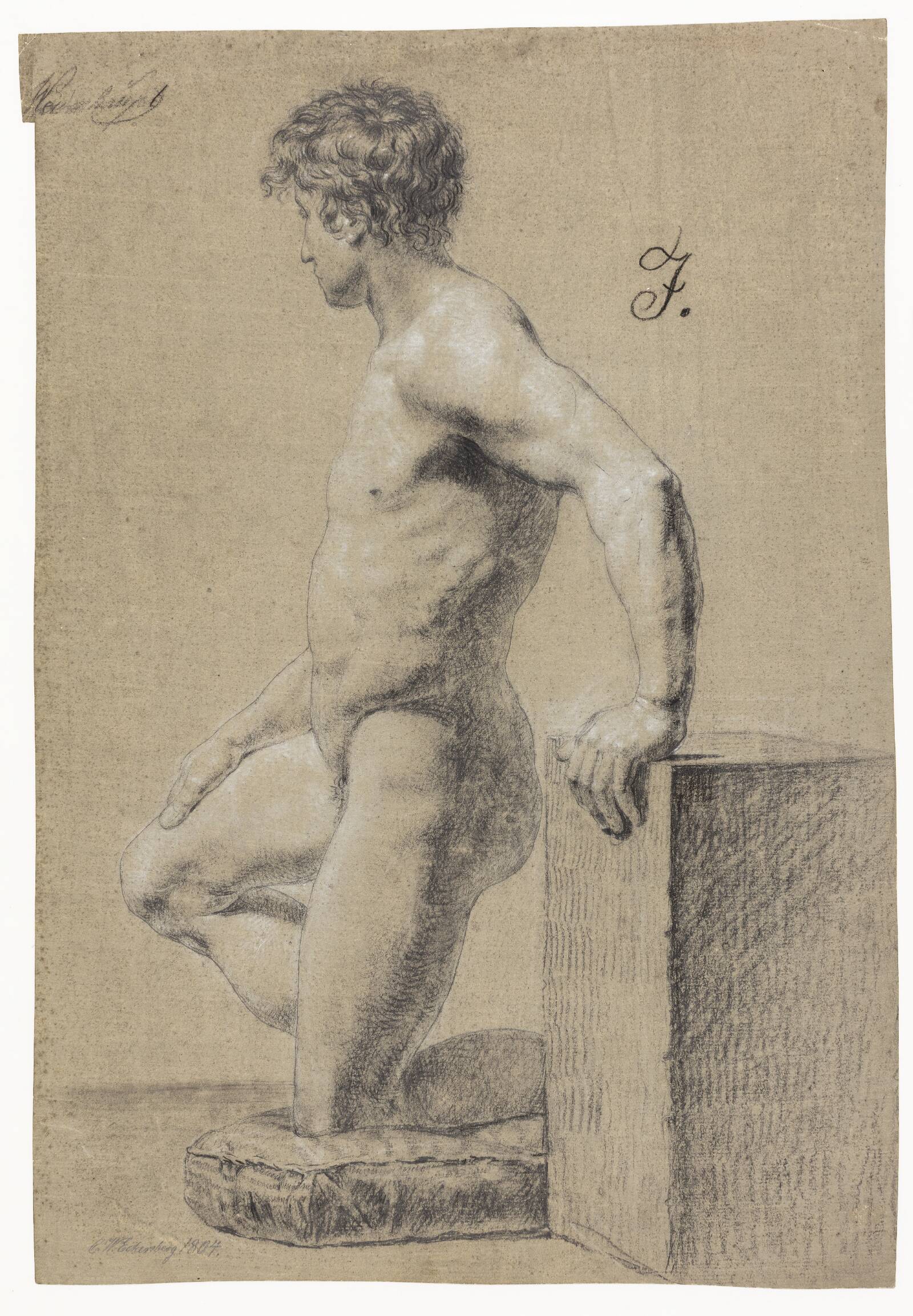 Mandlig knælende modelfigur, profil til venstre, C.W. Eckersberg, 1804
