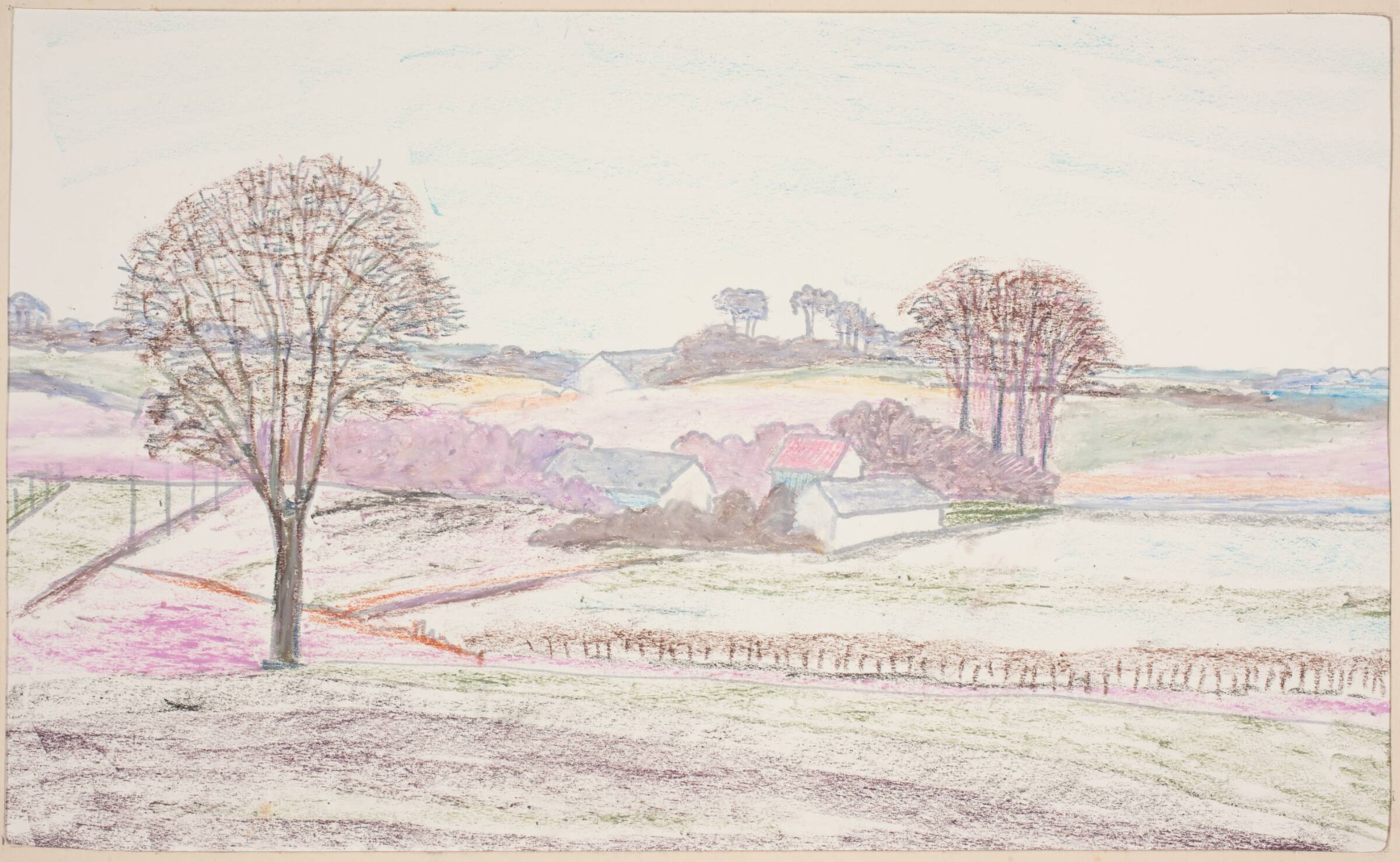 Landskab med en bondegård i en dalning, i forgrunden et træ, Henrik Starcke, 1899-1973