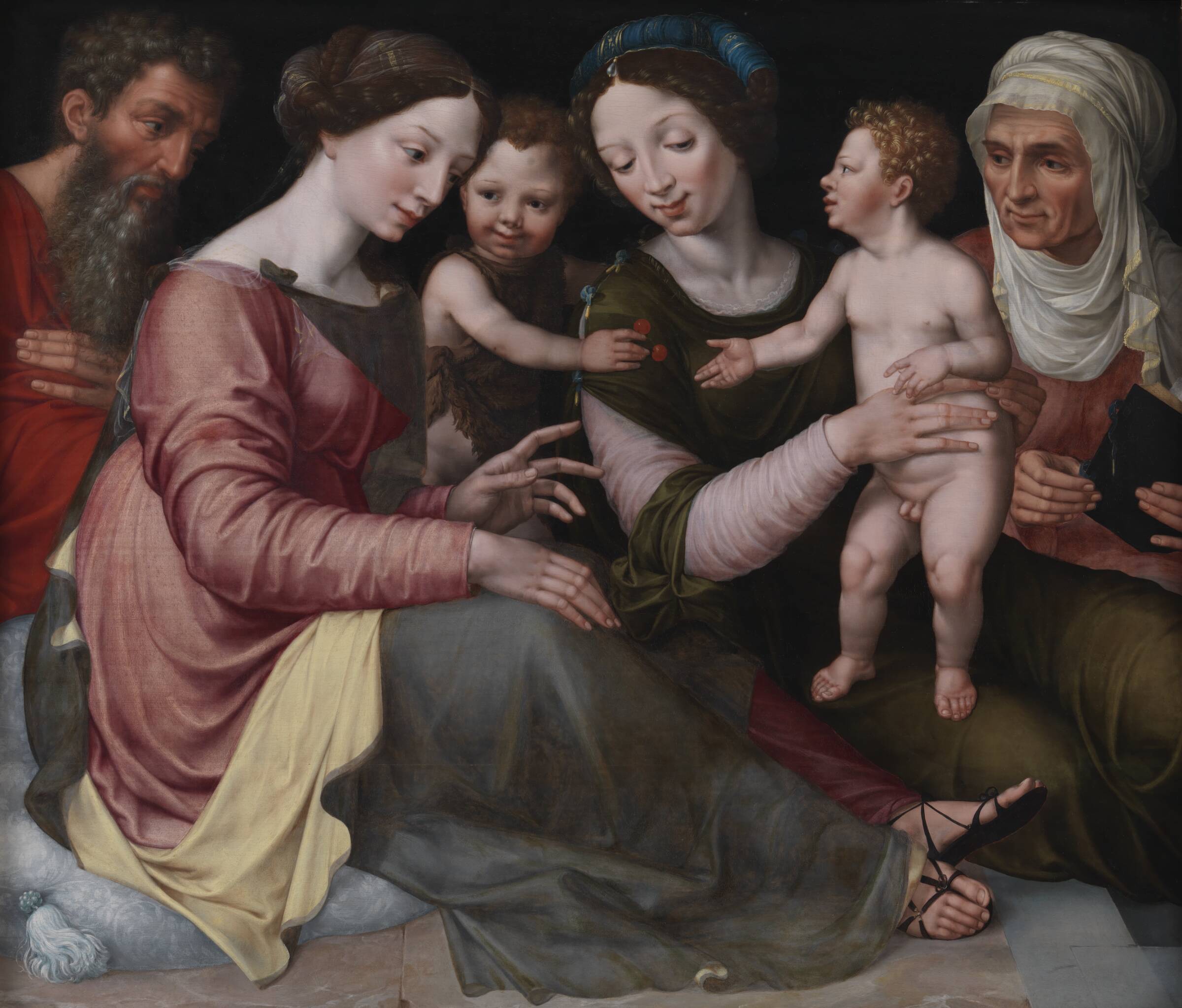 Den hellige familie med den lille Johannes, Skt. Elisabeth (Johannes' moder) og Skt. Anna (Marias moder), Vincent Sellaer, 1538-1544