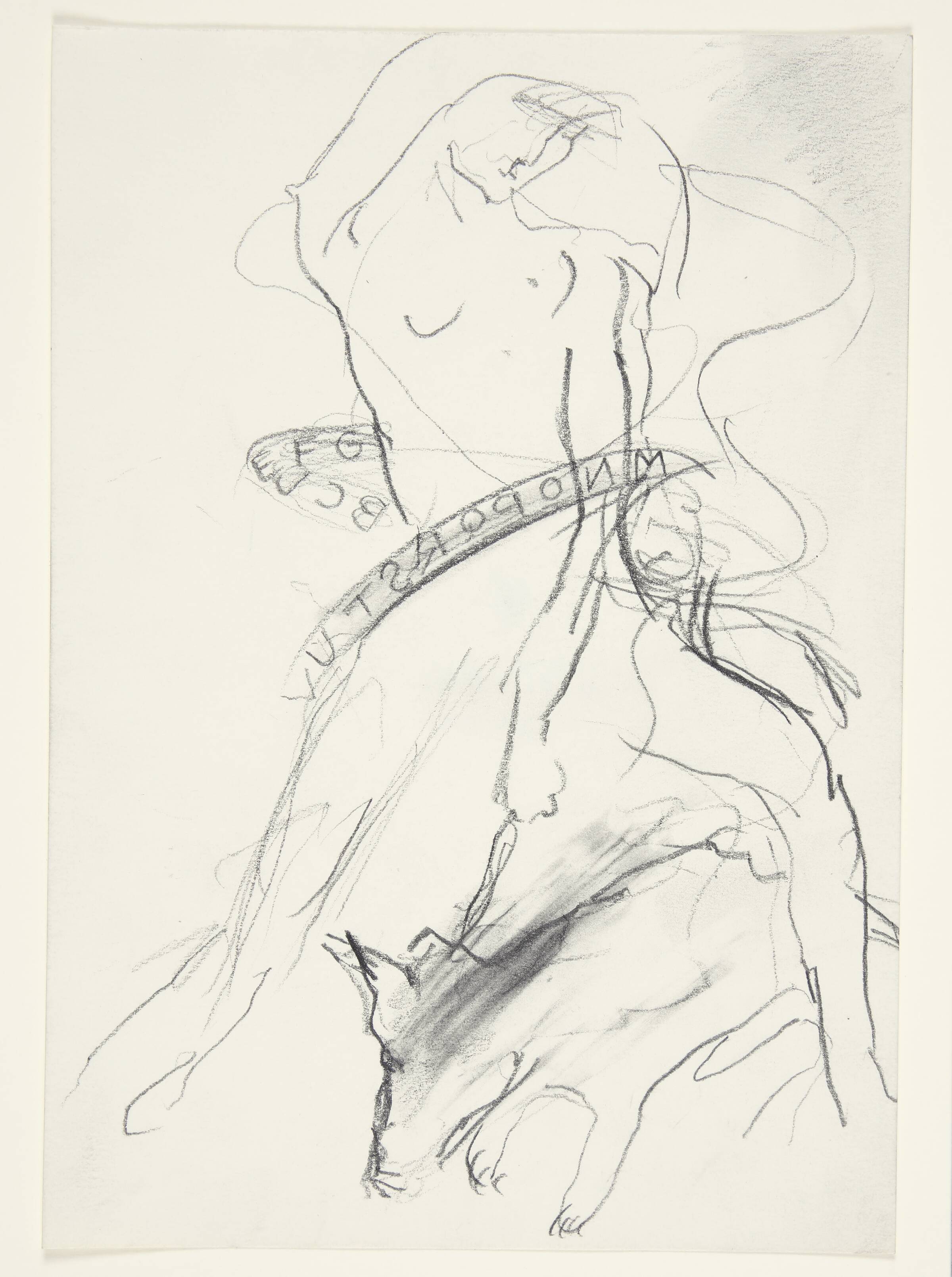 Nøgen kvinde, der skræver over ulv eller hund, Annemette Larsen, 1984