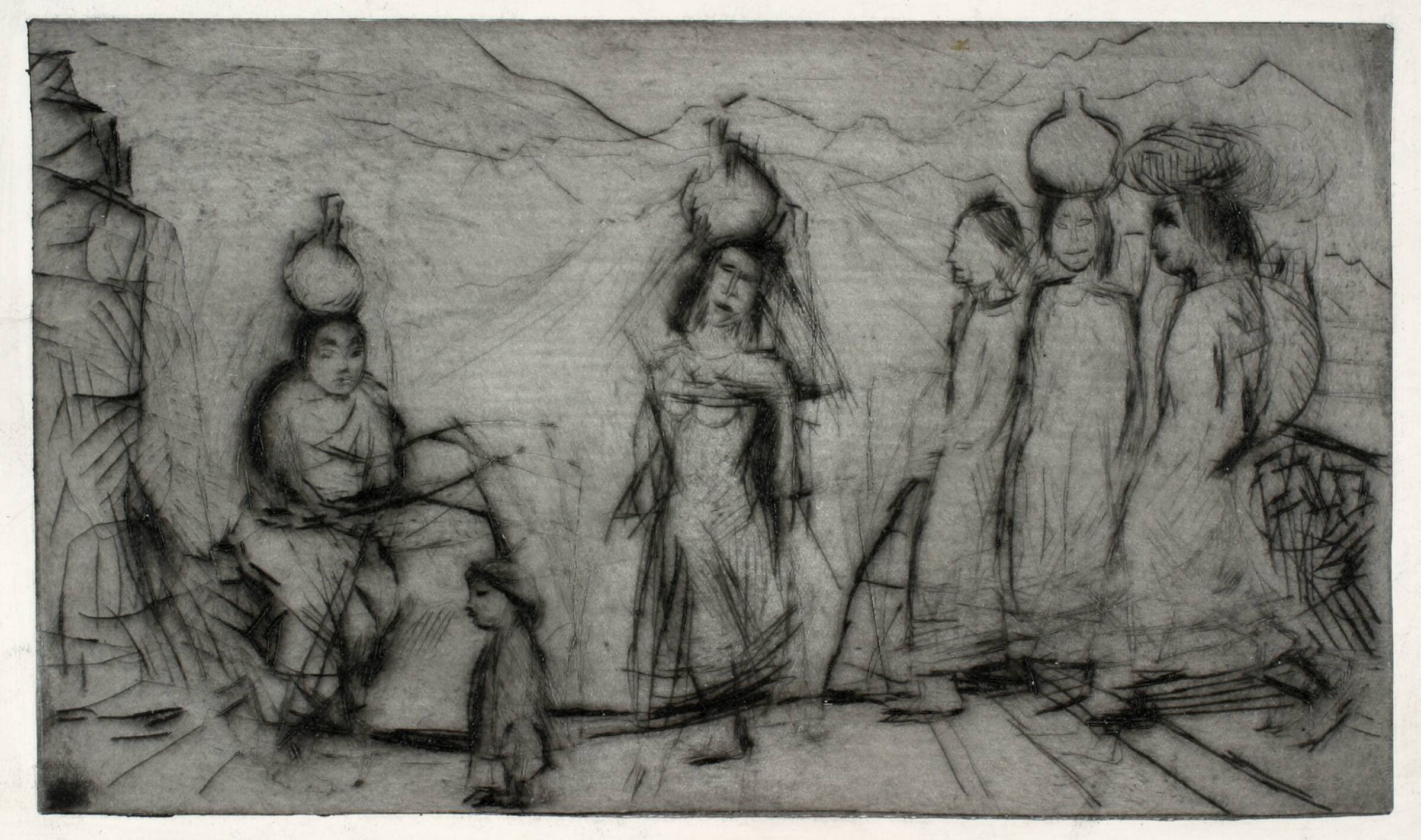 Fem kvinder med vandkrukker og et barn, Holger J. Jensen, 1953