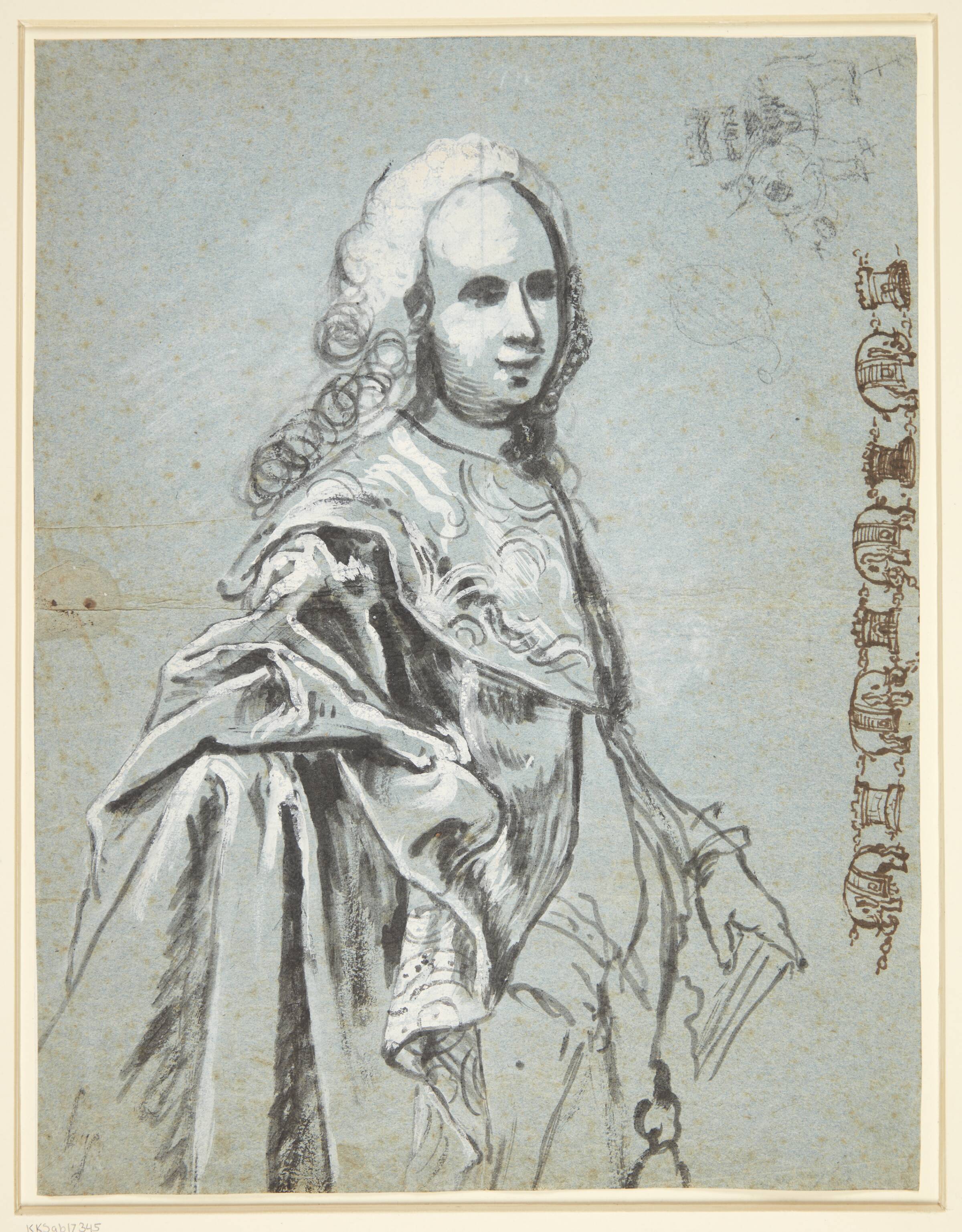Studie til et portræt, formentlig af A. G. Moltke; til højre på bladet studie til Elefantridderordenens kæde, C.G. Pilo, 1752-1792