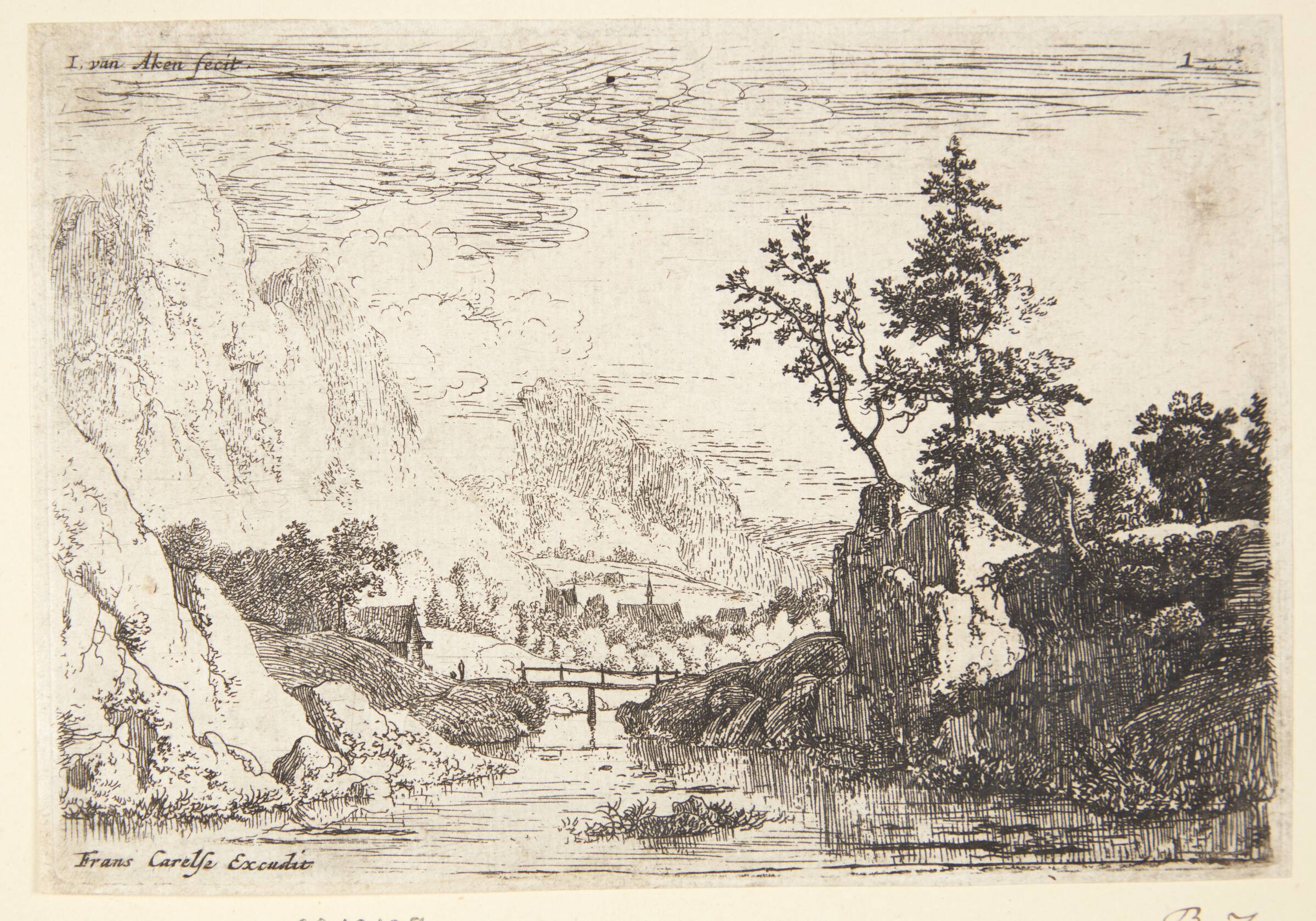 Bro over en flod mellem høje klipper, i baggrunden huse, Jan van Aken, 1614-1661