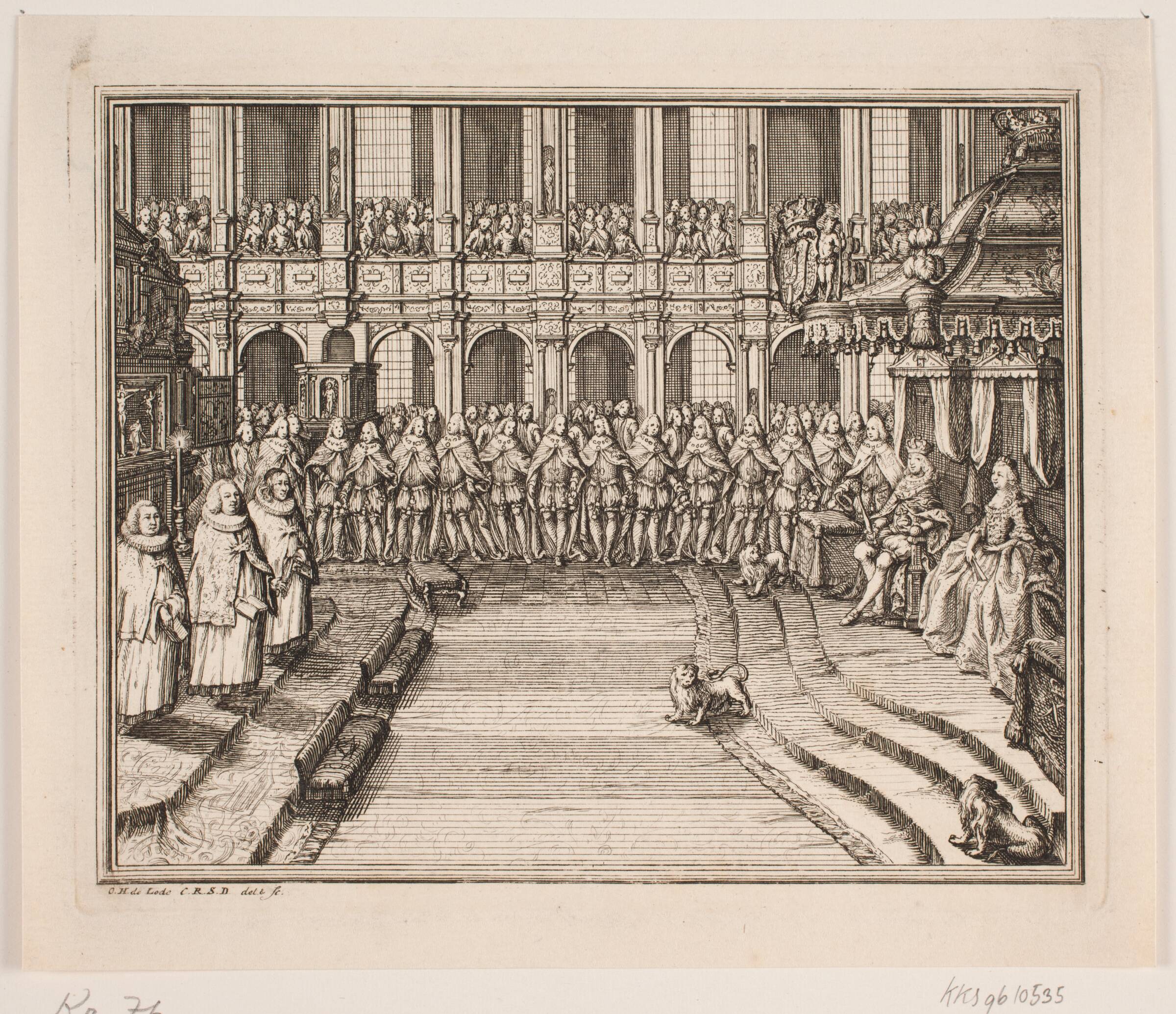 Kong Frederik V og Dronning Louise under salvingshøjtidelighed i Frederiksborg Slotskirke. Illustration til Frederik d. IV's salvingsakt, Odvardt Helmoldt de Lode, 1726-1757