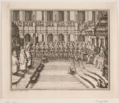 Kong Frederik V og Dronning Louise under salvingshøjtidelighed i Frederiksborg Slotskirke. Illustration til Frederik d. IV's salvingsakt