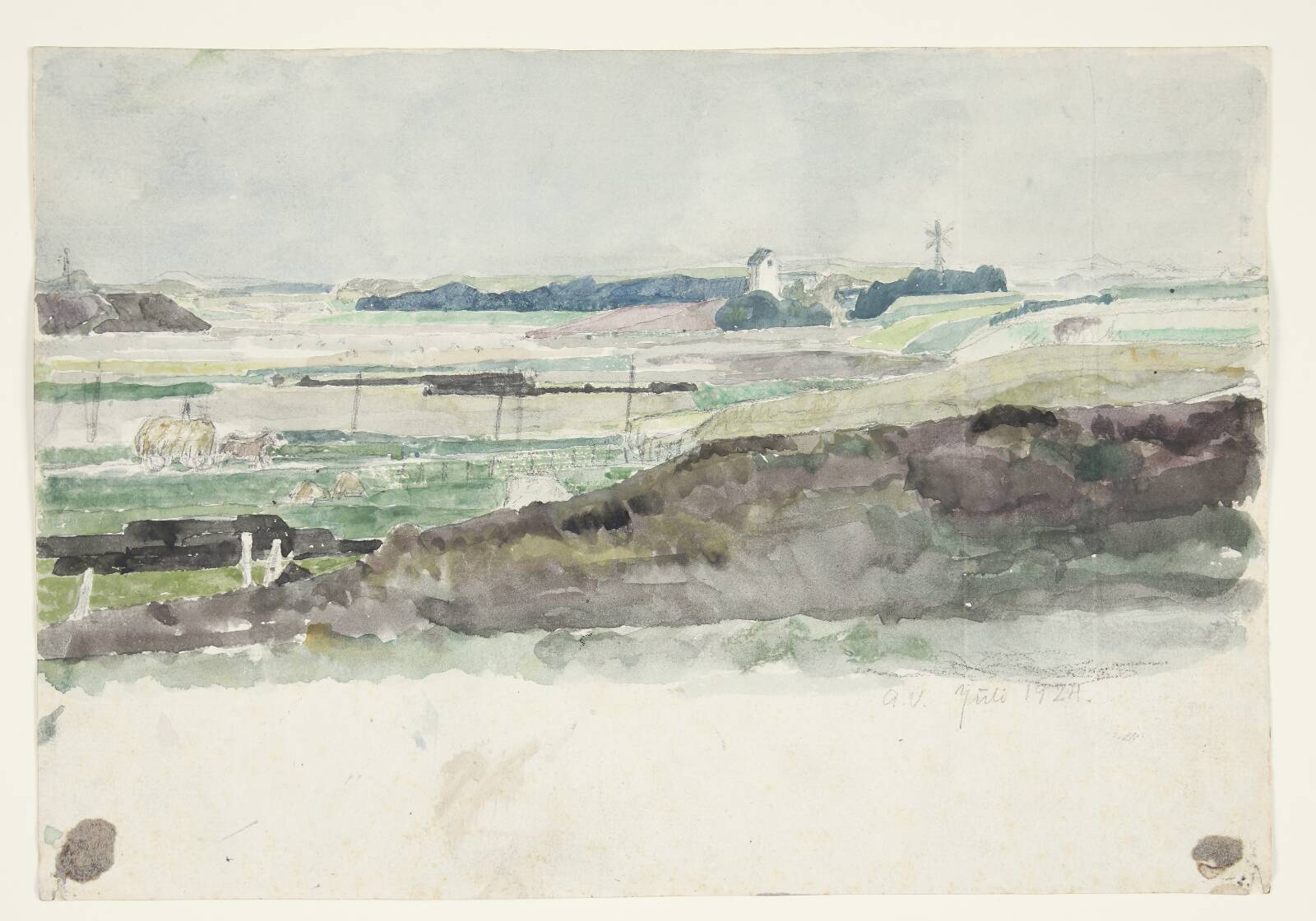 Landskab med kirketårn, Agnete Varming, 1924