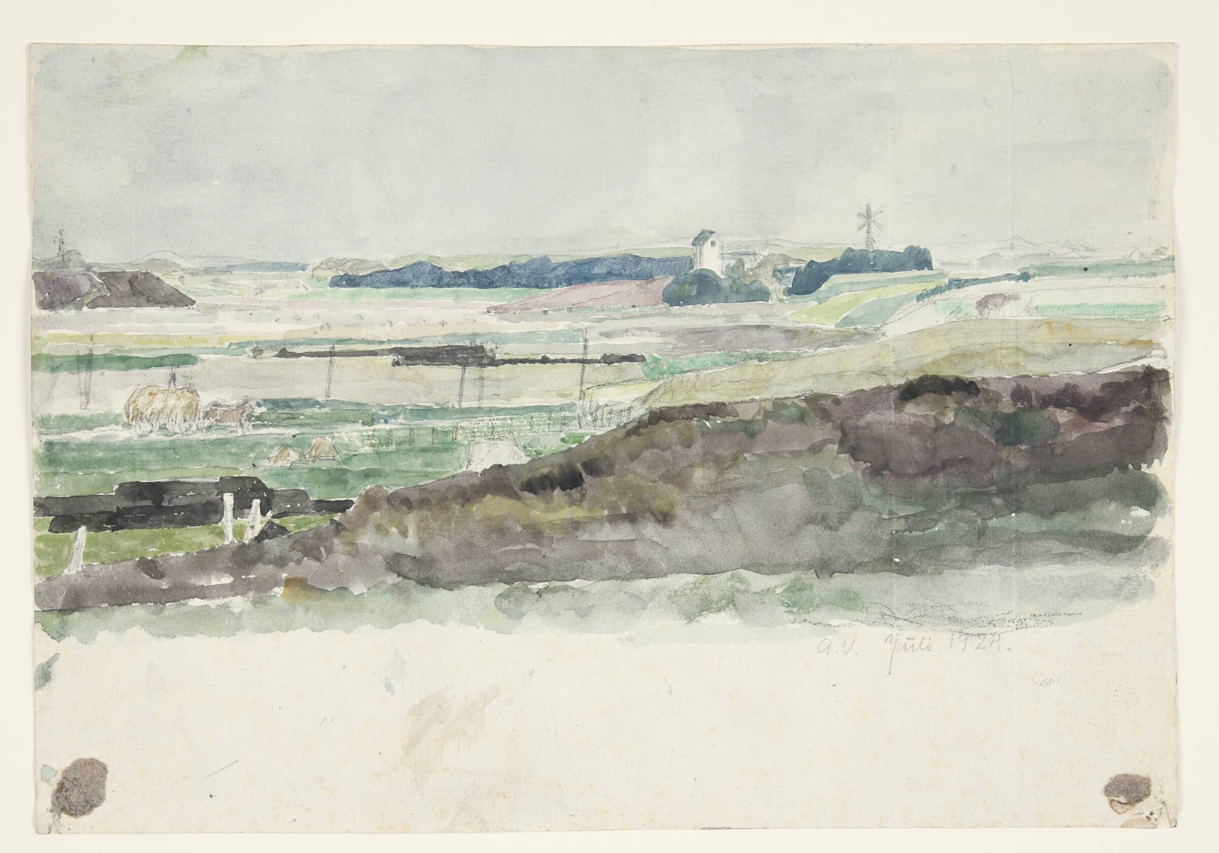 Landskab med kirketårn, Agnete Varming, 1924