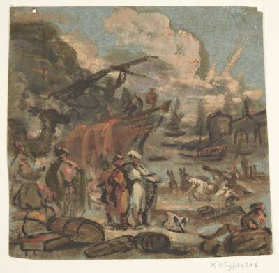 Figurscene ved kyst med skibe og militærpersoner