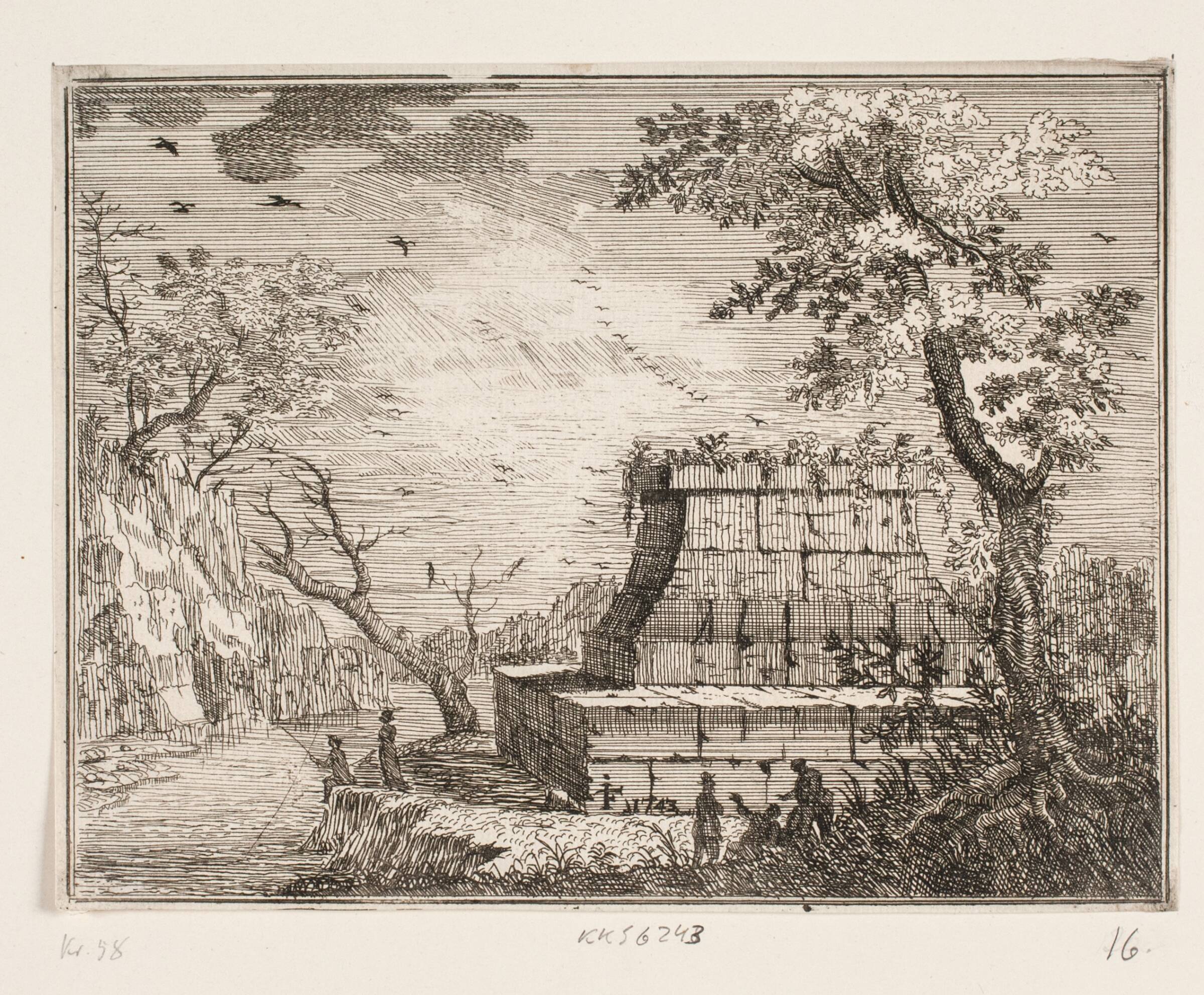 Bjergrigt landskab med et monument, Jacob Fosie, 1743