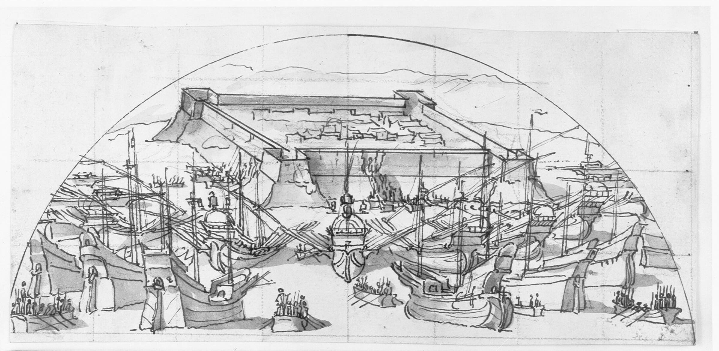 Galejer ankret op foran et fort - omkring dem landgangsbåde, Lazzaro Tavarone, 1556-1641