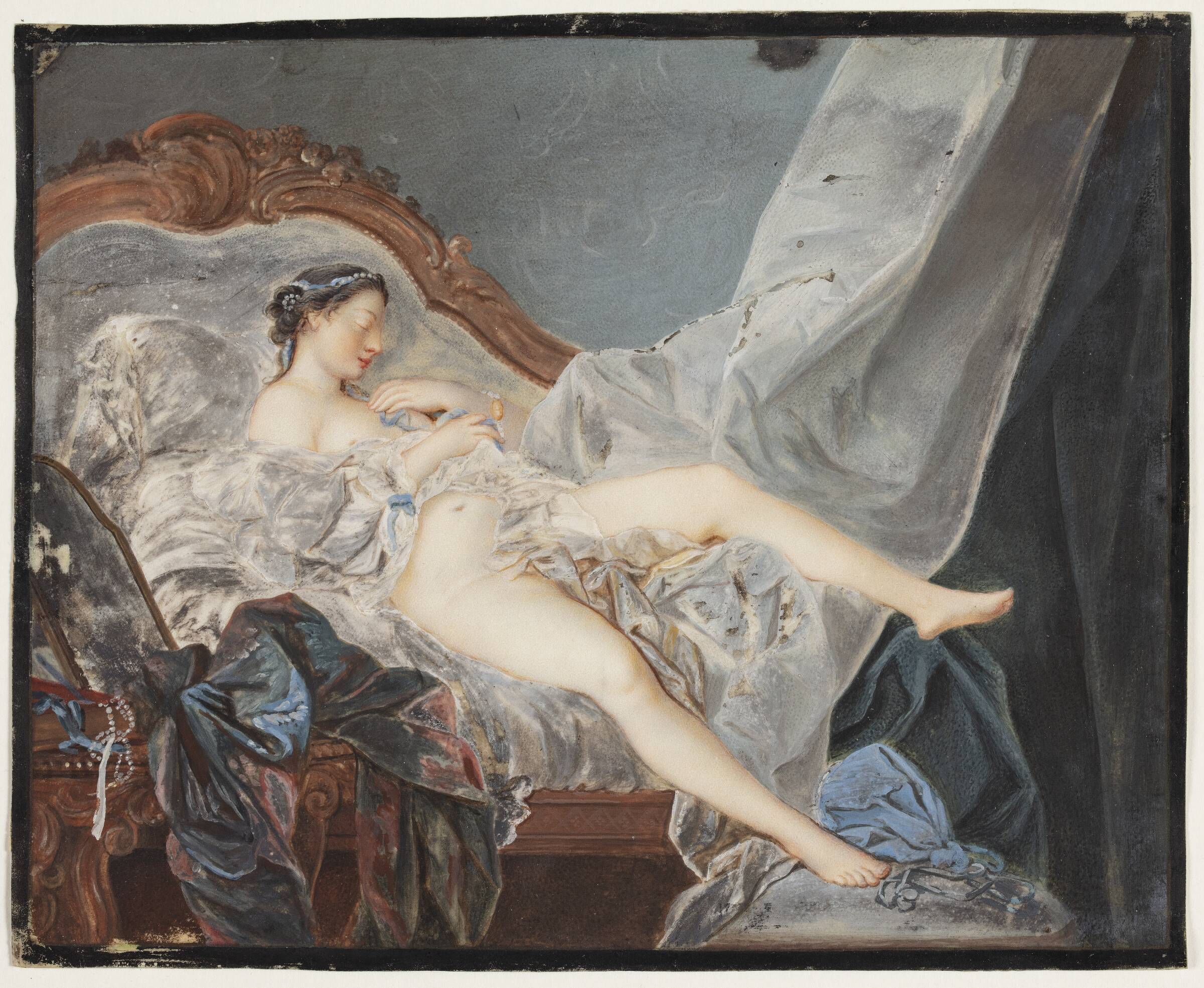 En nøgen pige, liggende på ryggen på en canapé mellem store draperier, Jacques Charlier, 1710-1790