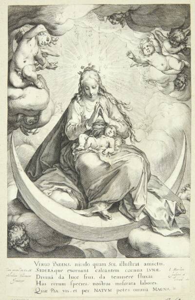 Jomfru Maria med Jesusbarnet på halvmåneseglet, omgivet af engle