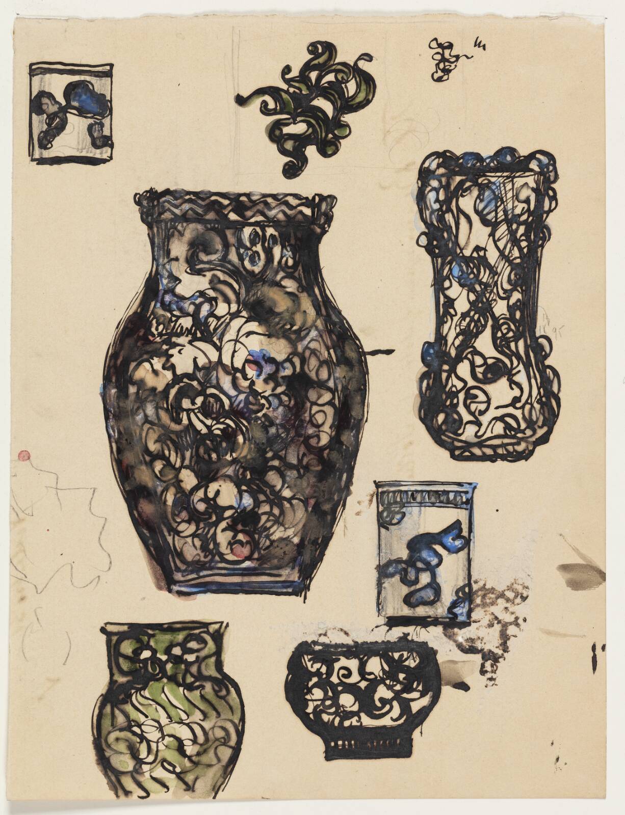 Blad med seks studier til vaser, krukker, samt et ornamentudkast, by Thorvald Bindesbøll, 1899