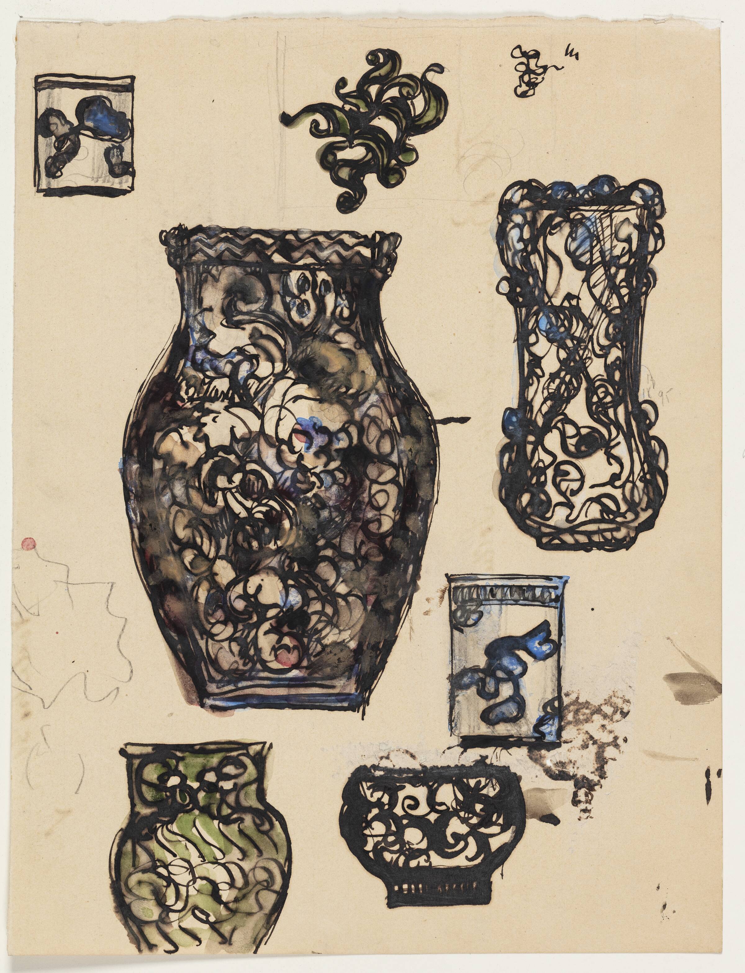 Blad med seks studier til vaser, krukker, samt et ornamentudkast, Thorvald Bindesbøll, 1899