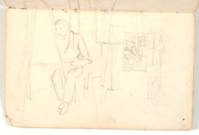 Interiør med kunstner ved staffeli