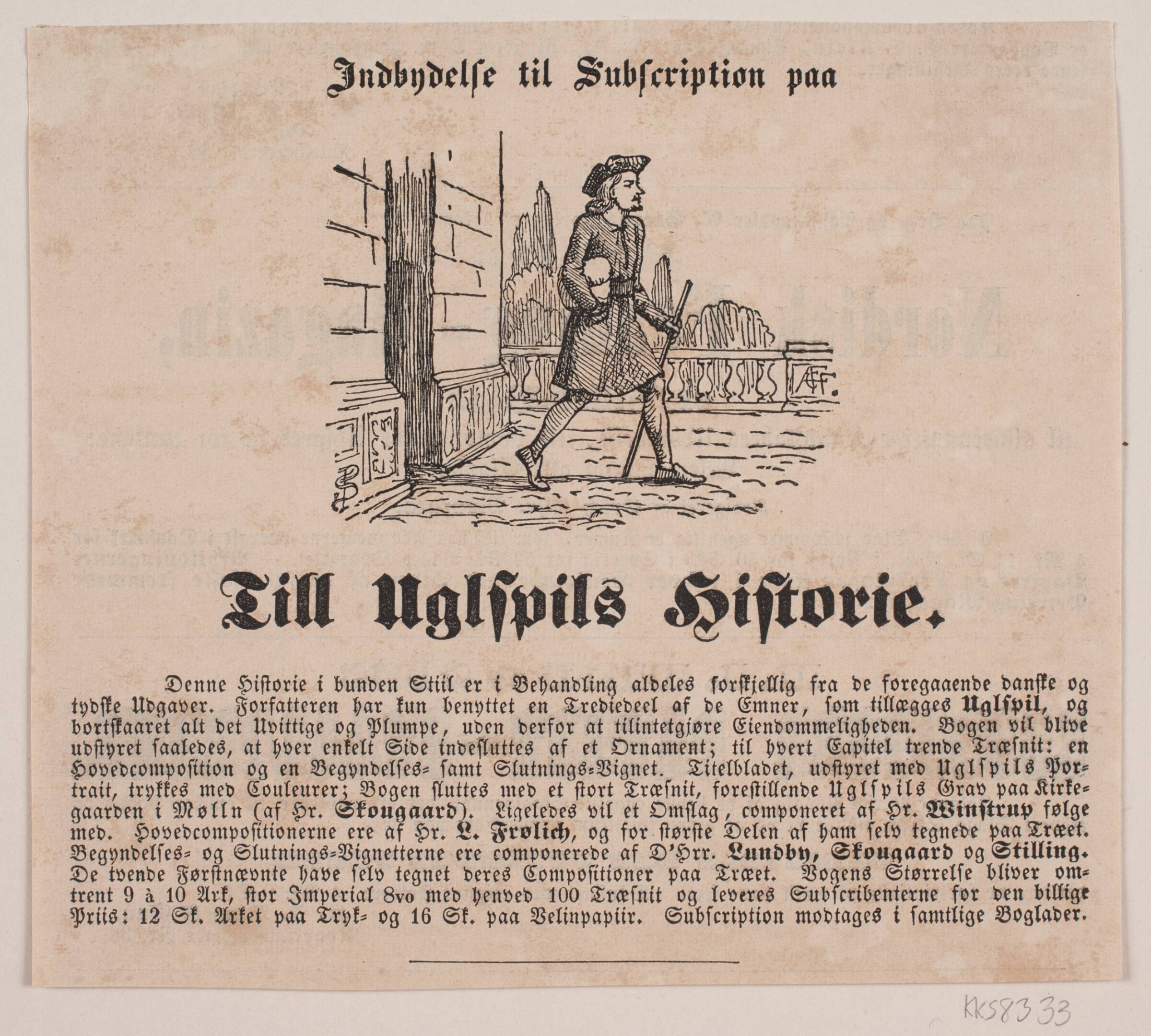 Subskriptionsindbydelse på Till uglspils historie, Andreas Flinch, 1813-1872