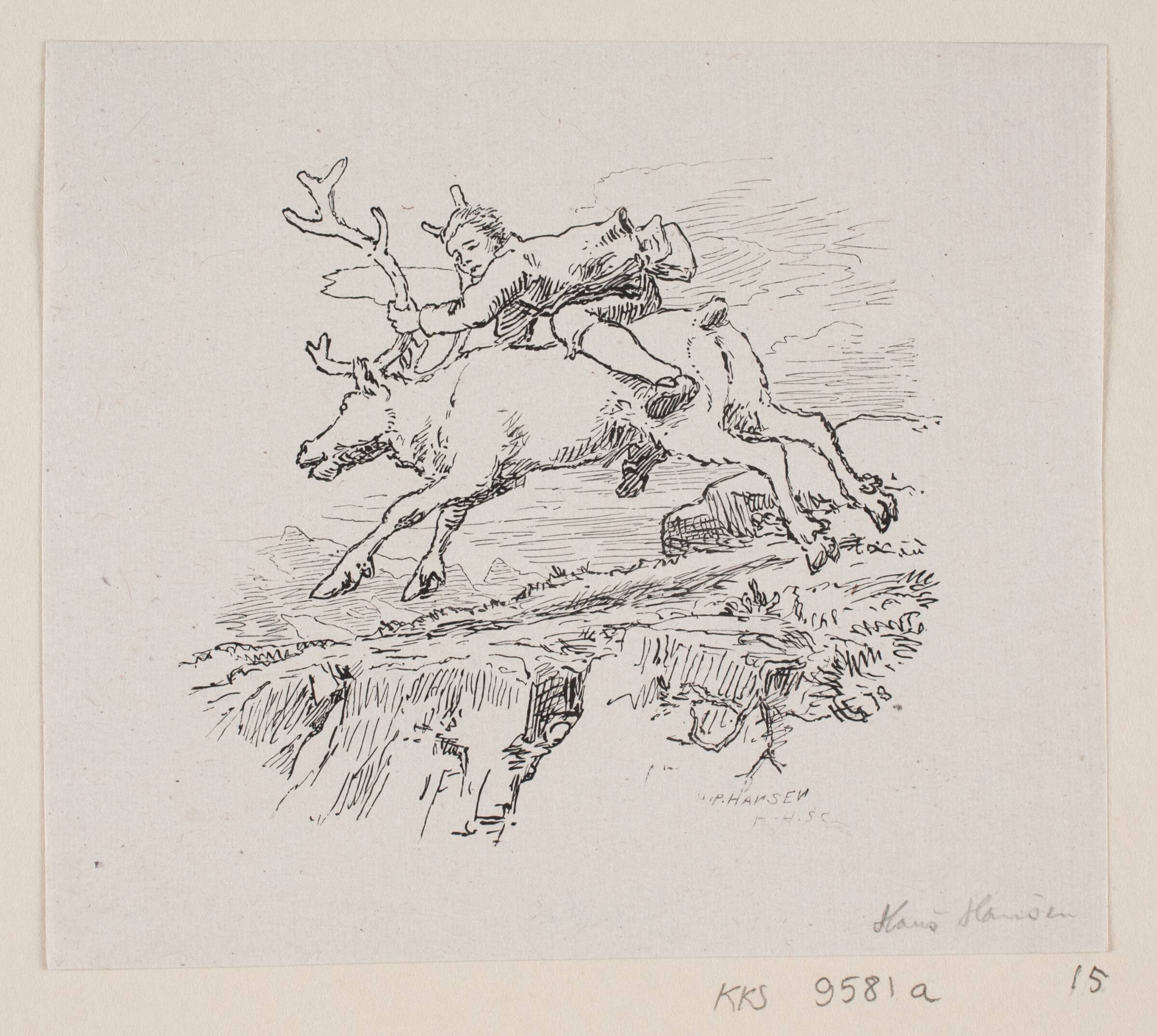 Ung mand på ryggen af et løbende rensdyr, Hans Peter Hansen, 1825-1903