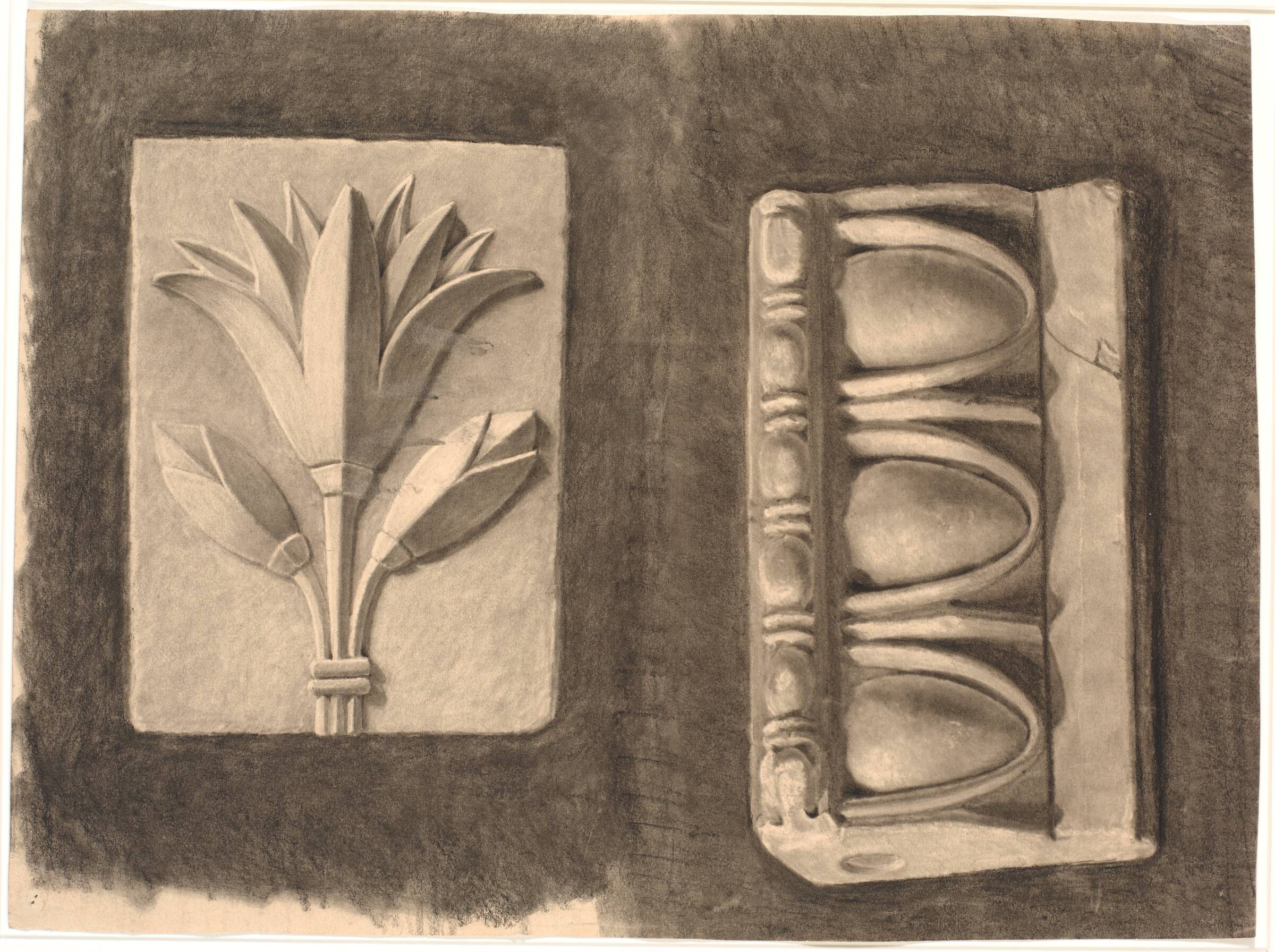 Tegning efter gips. To ornamentale fragmenter, Joakim Skovgaard, 1870-1873