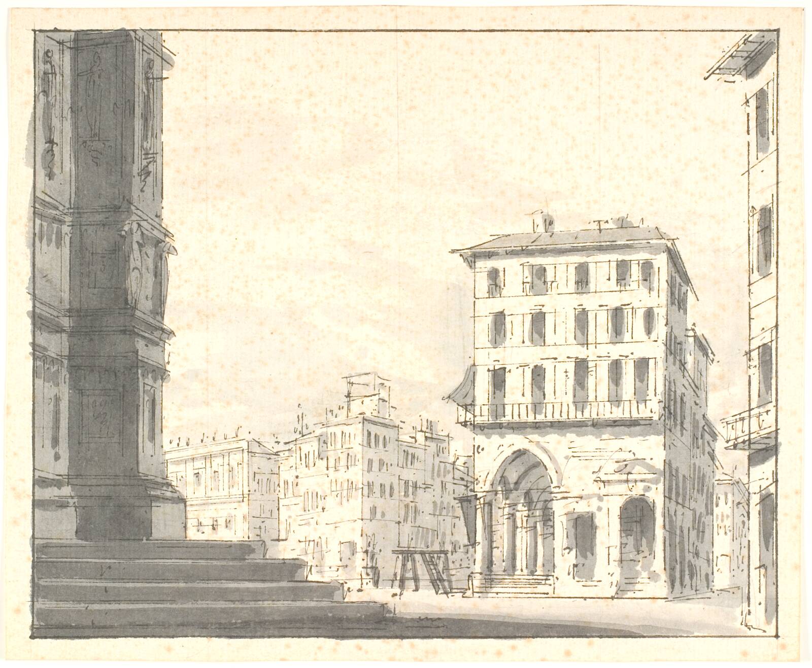 Bybillede med mindre palads og t.v. en trappe til en kirke?, by Aron Wallick, 1803-1809