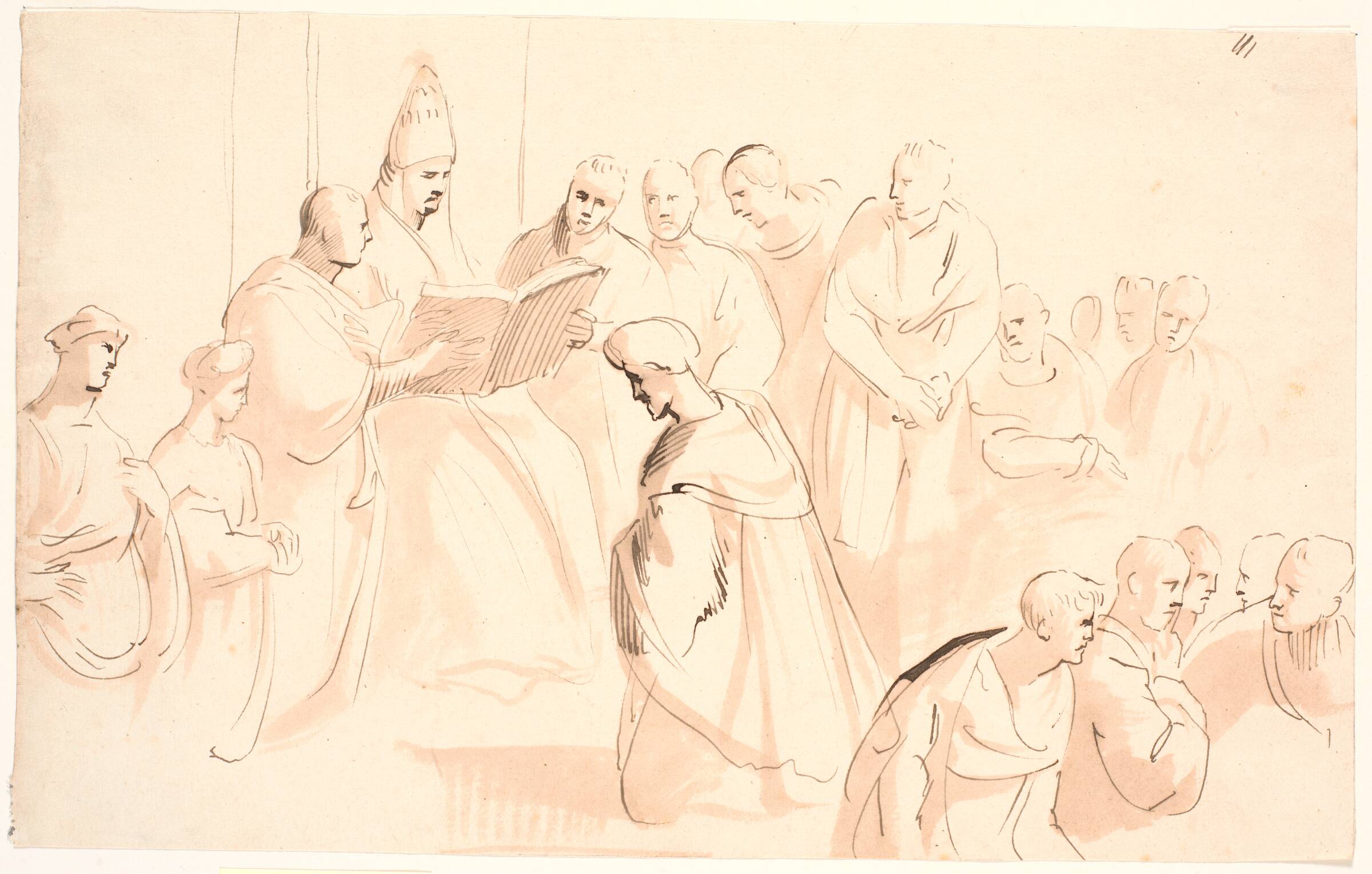 Figurkomposition omkring en tronende, læsende pave, Jürgen Ovens, 1600-1699