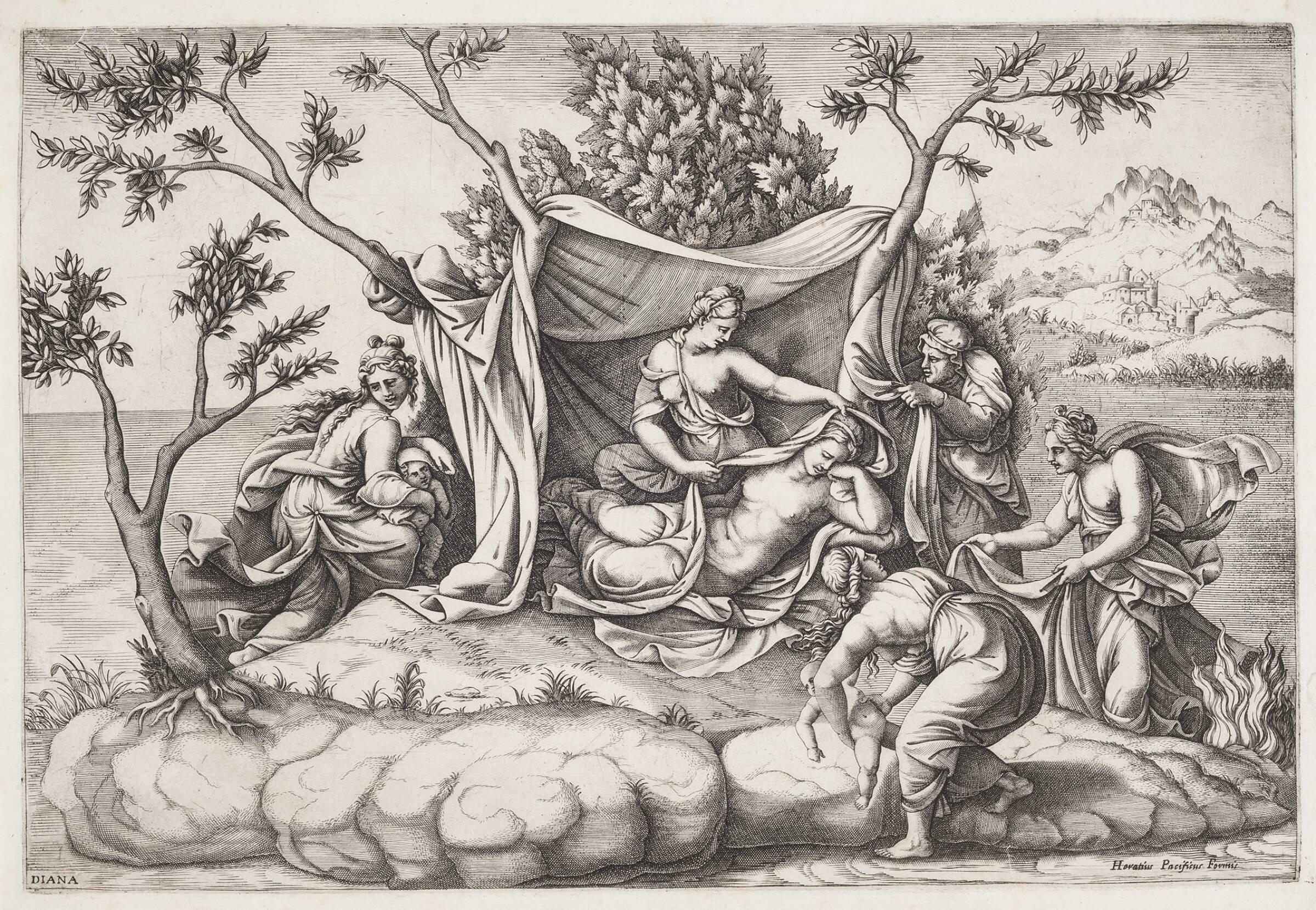 Latono føder Apollon og Diana på øen Delos, Diana Scultori, 1536-1588