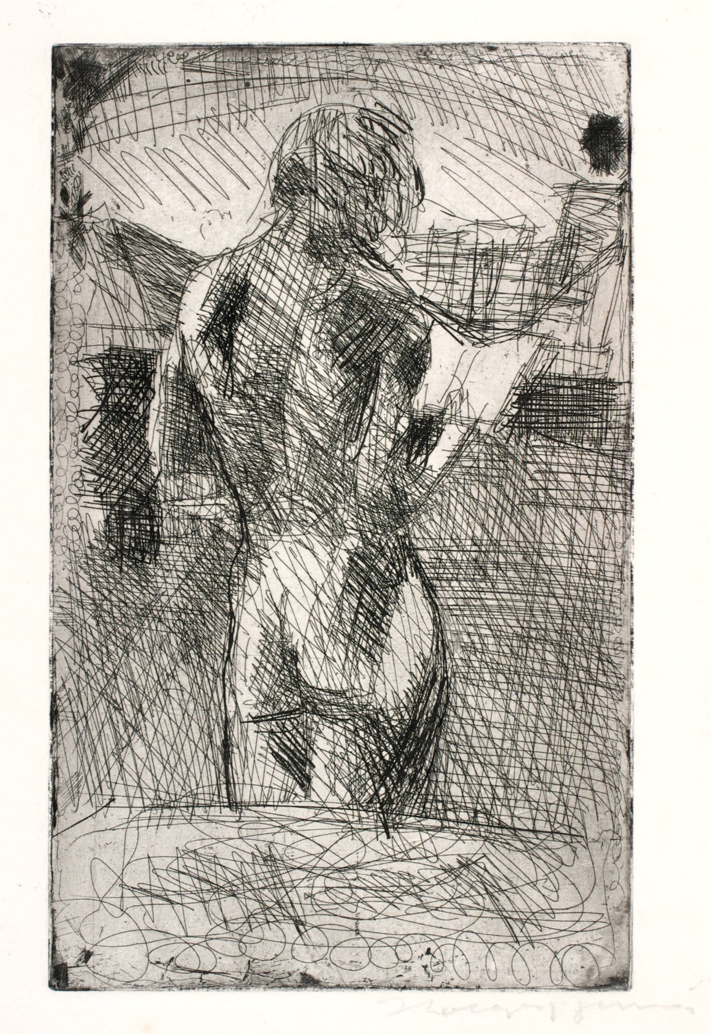 Stående kvindelig model, set fra ryggen og læsende i en bog, Holger J. Jensen, 1953