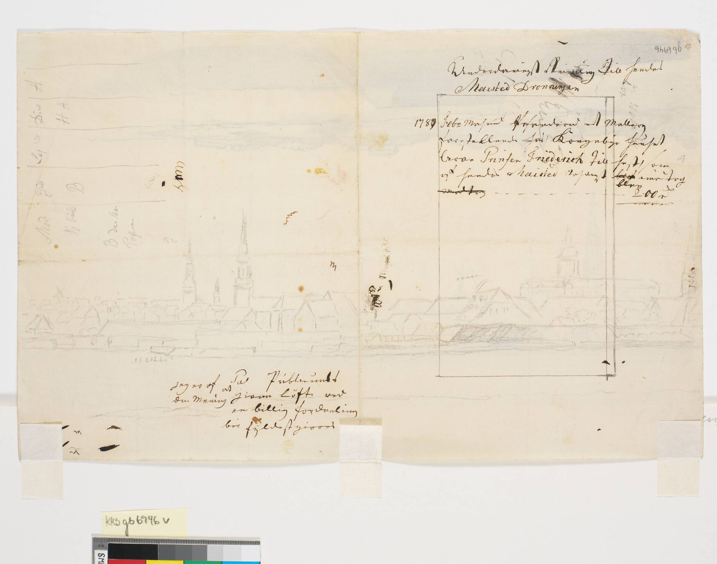Prospekt af København (et stykke indrammet med blyantstreg) og en brevkladde ( regning?) dat. 1789, C.A. Lorentzen, 1746-1828