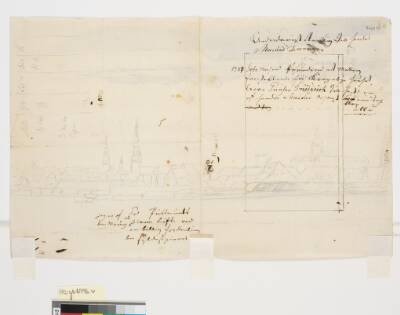 Prospekt af København (et stykke indrammet med blyantstreg) og en brevkladde ( regning?) dat. 1789