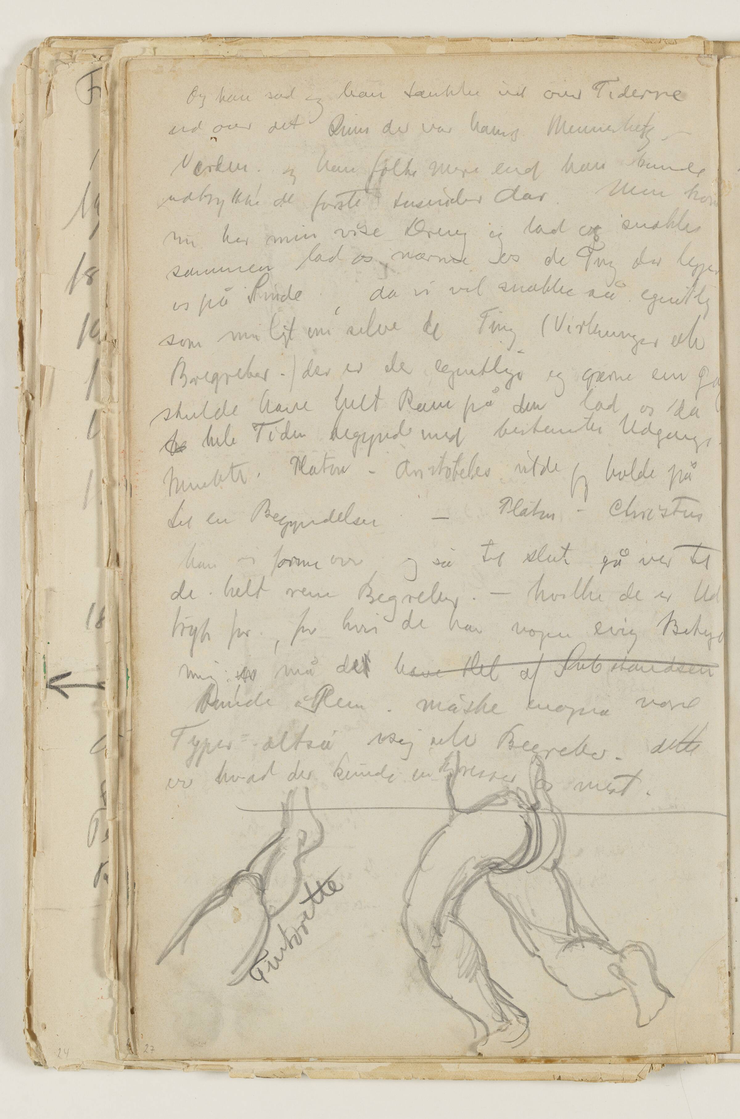Anslag i fortællende form til en diskussion om "selve de Ting ... der er de egentlige". F.n. studie af underkrop samt af et ben, formentlig efter Tintoretto, J.A. Jerichau, 1913-1914